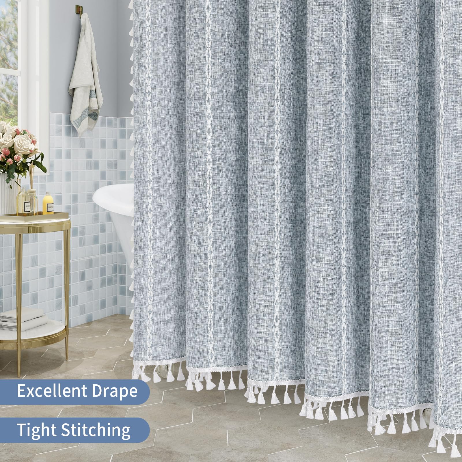 MitoVilla - Cortina de ducha larga de estilo bohemio, tela de algodón y lino con borlas para decoración de baño rústica, francesa y elegante, 183 x 198 cm, azul
