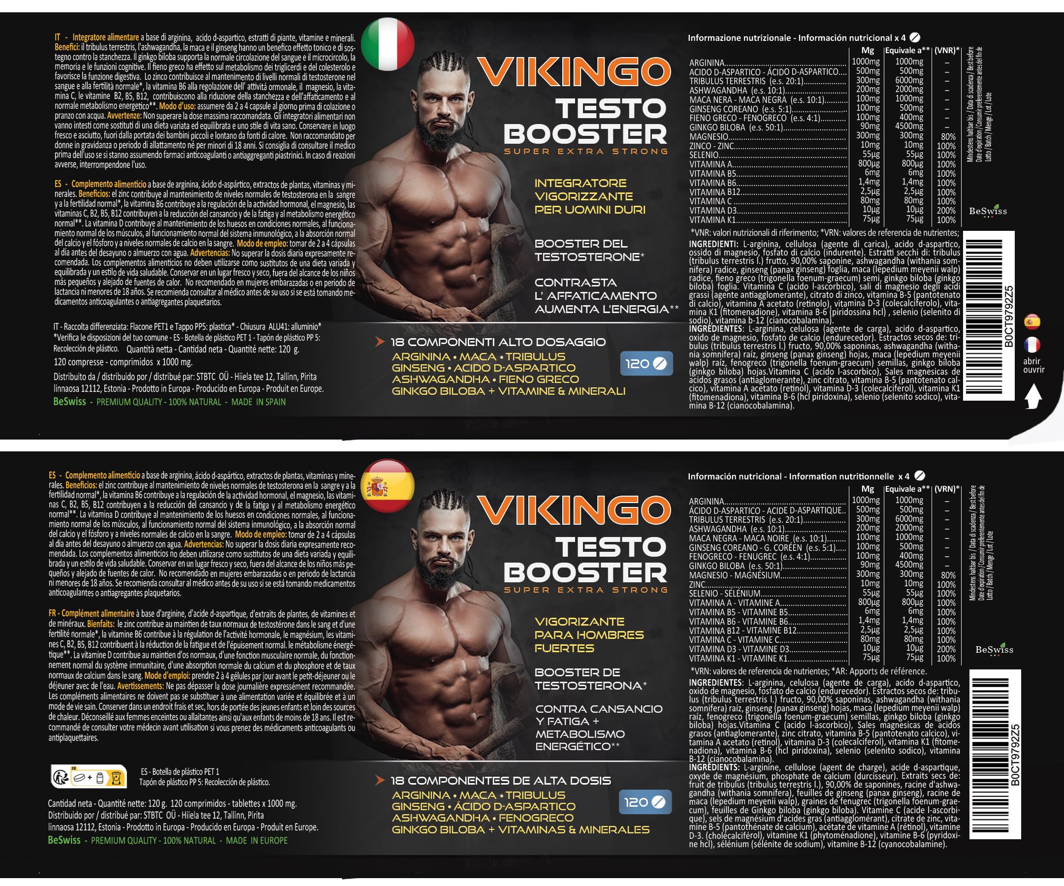 Testosterone Uomo, Massa Muscolare, VIKINGO 120 Testosterone Booster Stimolante Uomo - Integratore Energia con Maca, Tribulus, Ashwagandha, Arginina, Ginkgo Biloba, Fieno Greco, Vitamine e Minerali