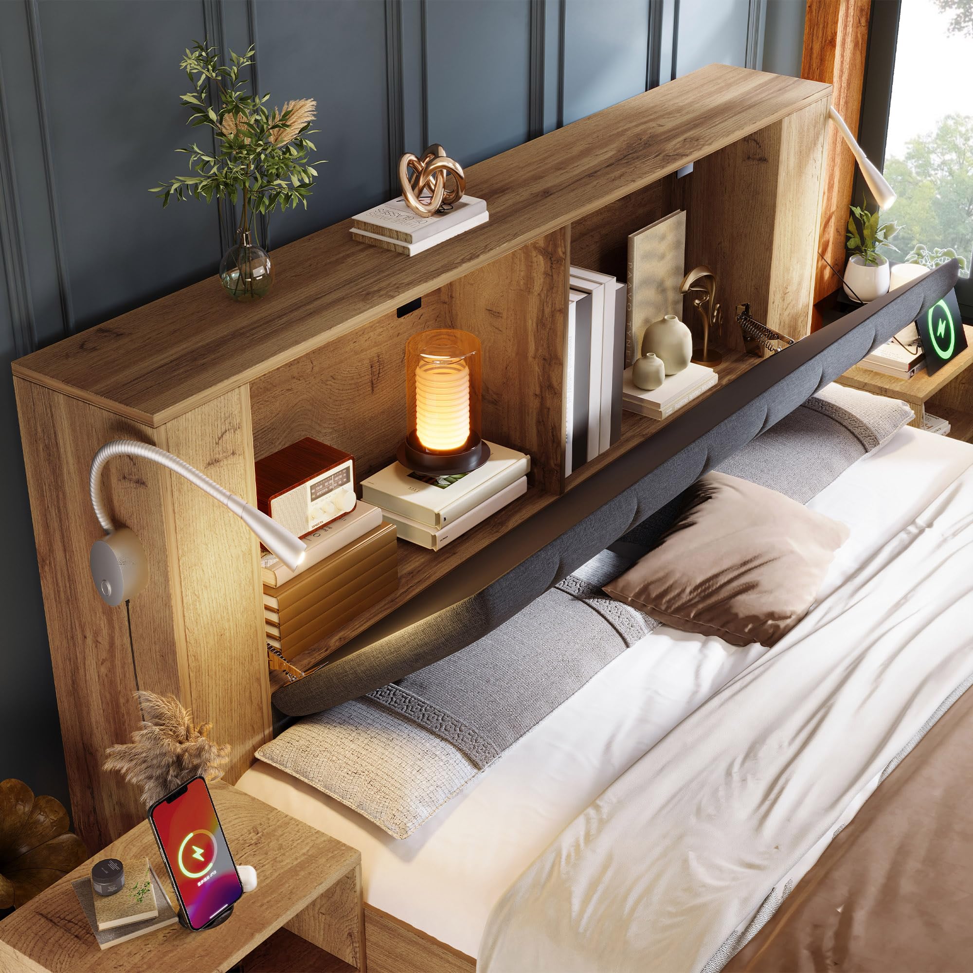 Moimhear Doppelbett, Holzbett, mit klappbarem Kopfteil aus Leinenstoff, Zwei Nachttische Bettbank mit Stauraum Leselampen, mit USB, Eiche Farbe (180x200cm)