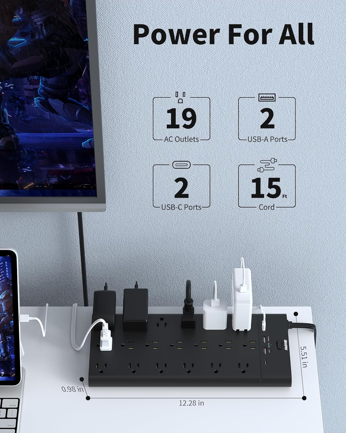 Maxpw Power Strip Surge Protector Outlet Extender with 19 Outlets and 4 USB Ports (2 USB C), 15 Ft Extension Cord & Flat Plug, 2100 Joules, Wall Mount for Home, Office, Dorm, Black