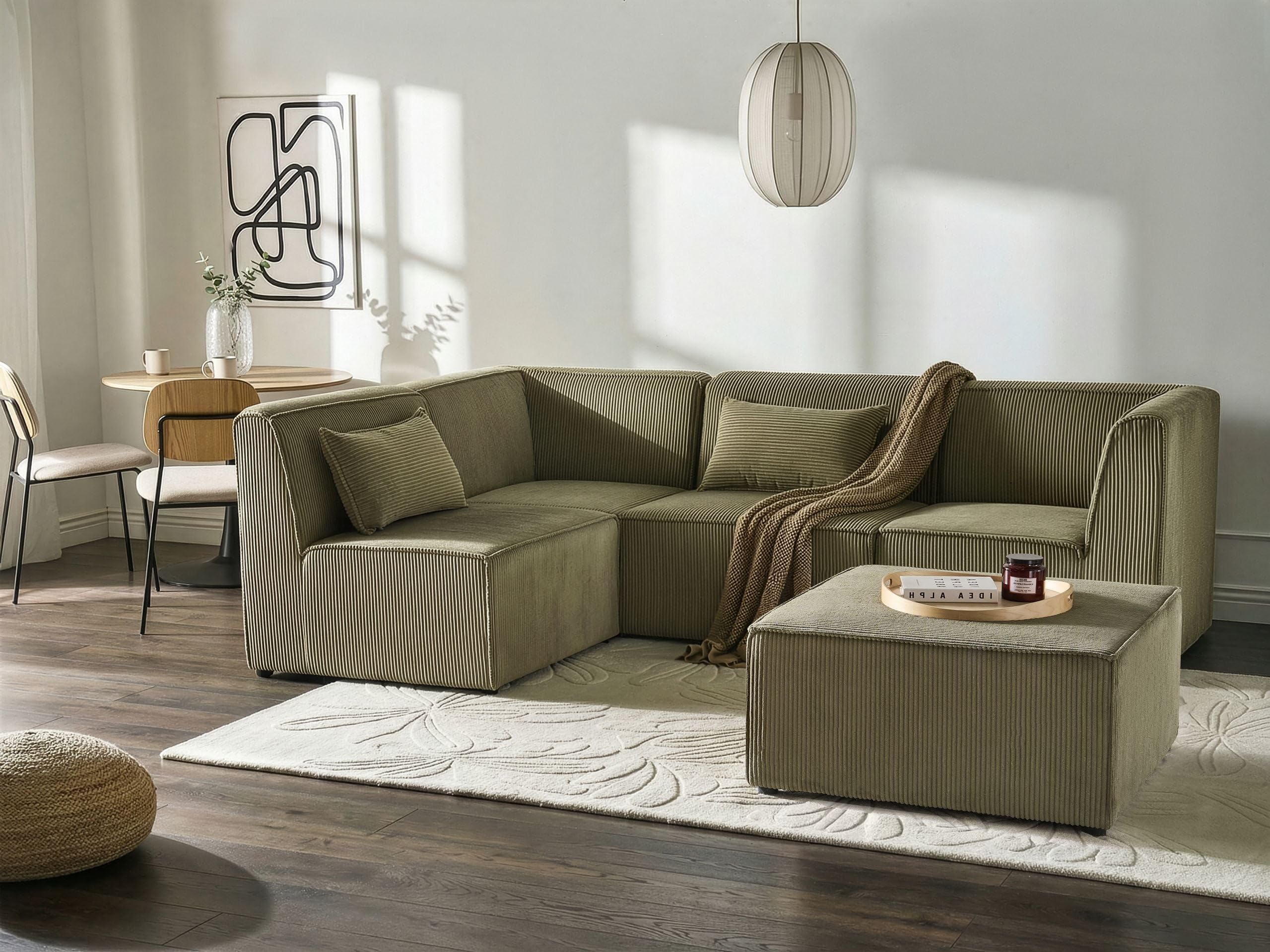 Sofa narożnik lewostronny modułowa 4-osobowa kanapa z otomaną sztruksowa zielony Lemvig