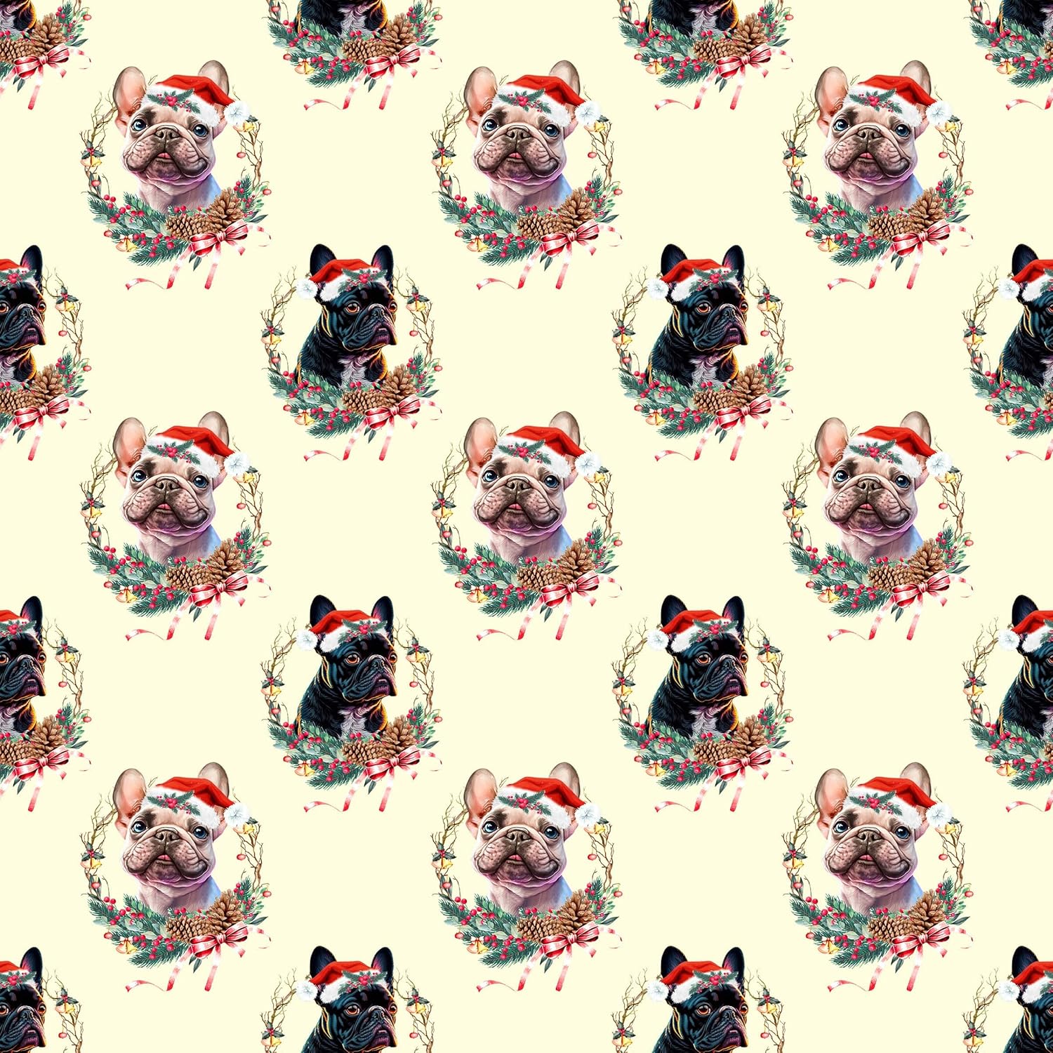 Cute Watercolor Frenchie in a Wreath Christmas Wrapping Paper, French Bulldog Holiday Gift Wrap, Pet Party Decor (12 foot x 30 inch roll)