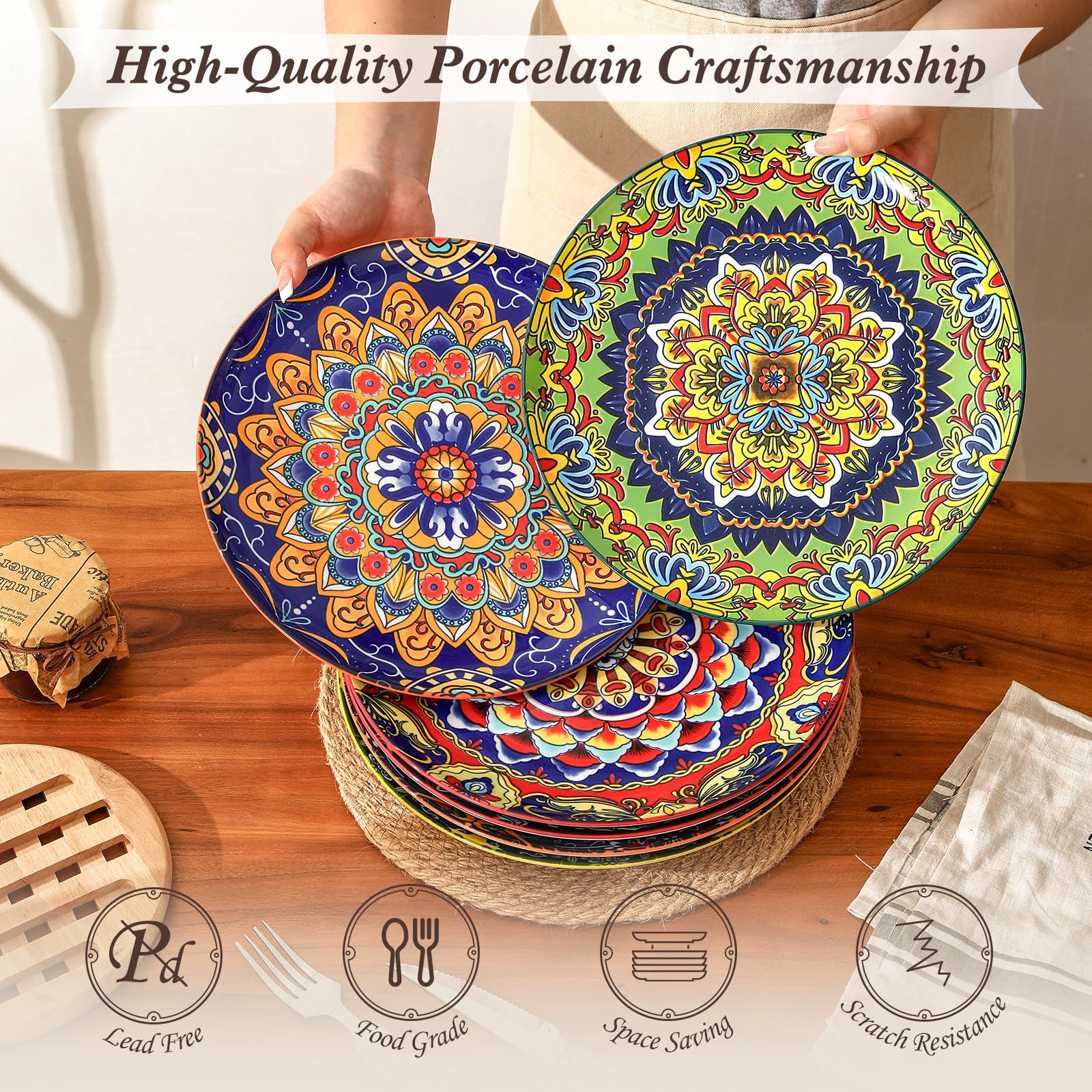 Ceramiczny zestaw talerzy obiadowych, duże porcelanowe talerze do makaronu, sałatek i steków, nadają się do kuchenki mikrofalowej i zmywarki, kolorowy styl boho, idealne na imprezę, prezent i do