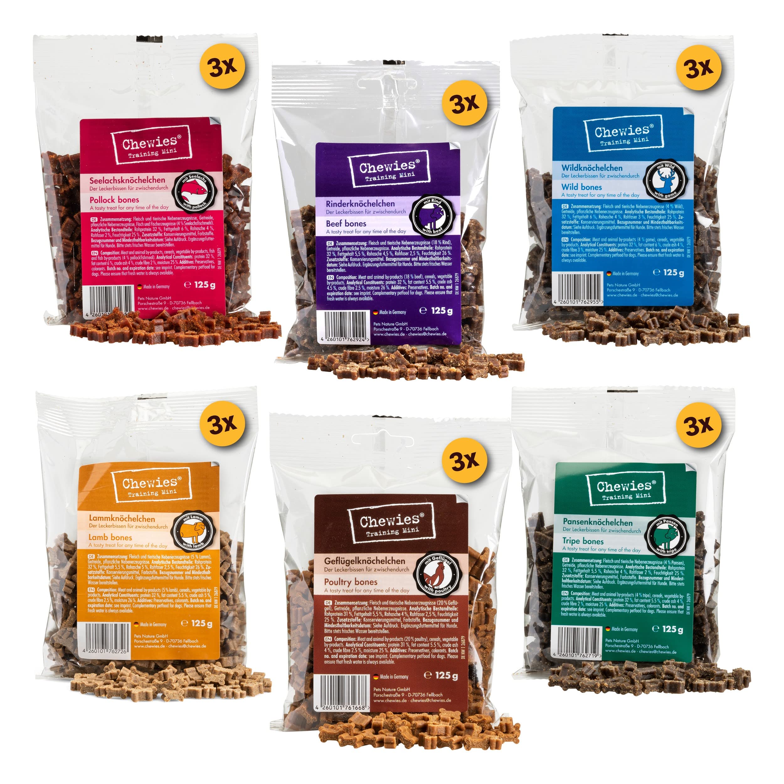 Chewies Hundeleckerli Mix-Paket, Training Mini Knöchelchen 18 x 125 g für Hunde - Rind, Pansen, Geflügel, Lamm, Wild & Lachs Trainings-Leckerli - Hundesnacks zuckerfrei & mit hohem Fleischanteil