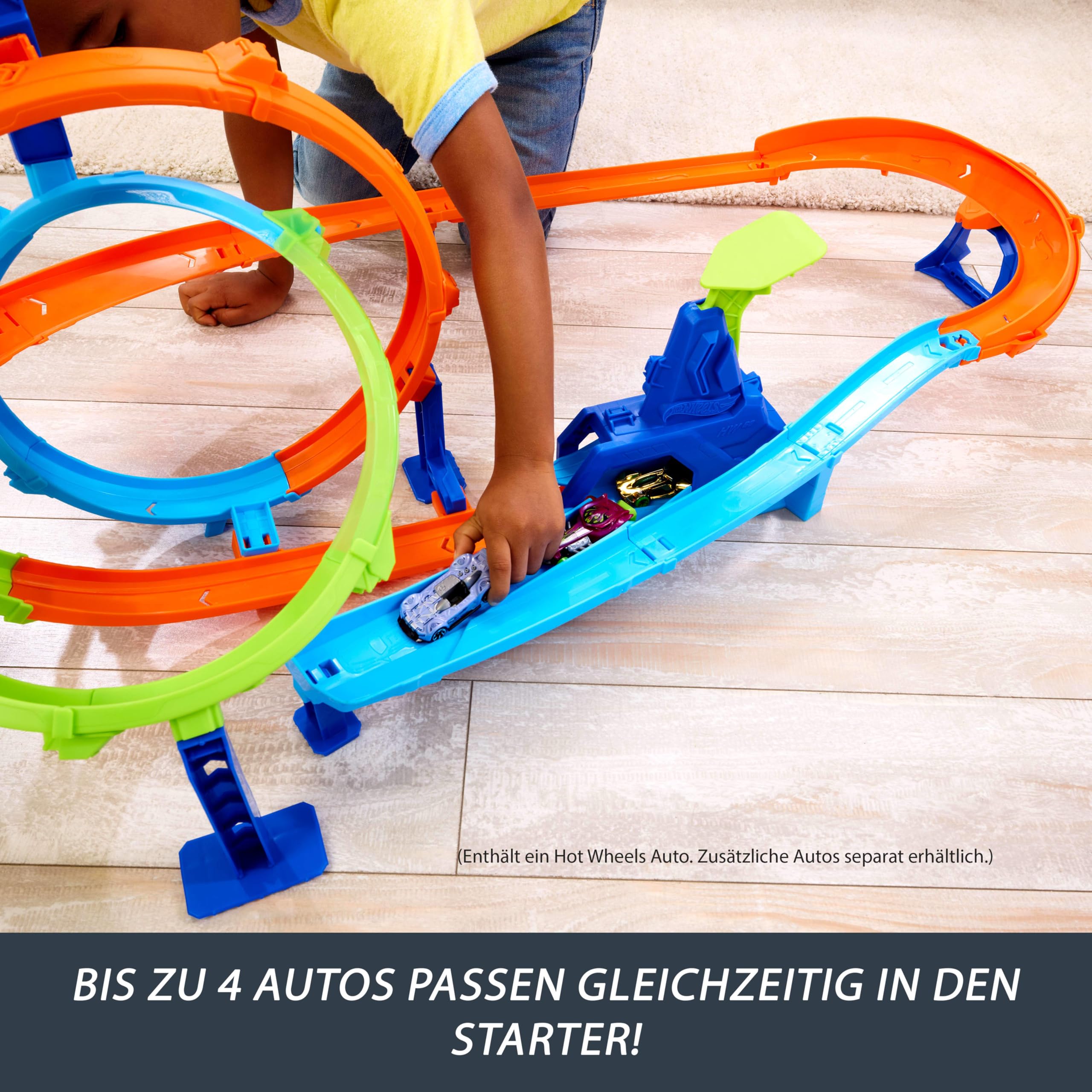 Hot Wheels Stunt Tracks Rapid Cyclone Spielset und 1:64 Auto | Strecken-Set mit 2 Loopings und 2 Crashzonen, inkl. 1 Druckguss-Fahrzeug, Speed Snap Track kompatibel, JHK73