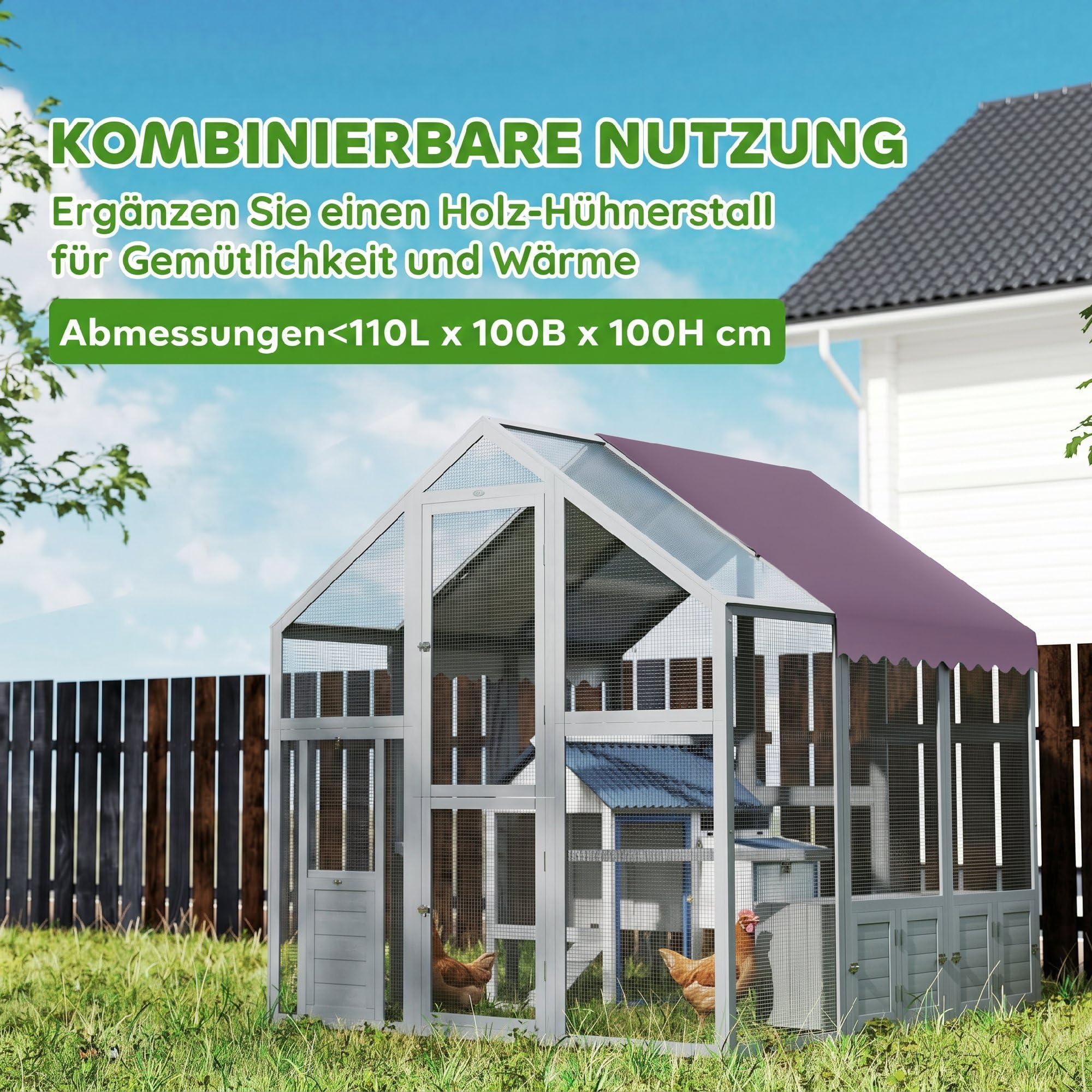 PawHut Hühnerstall 3,07㎡ 1,7 x 1,8 x 1,8 m Freilaufgehege Holz mit wasserdichtem Tuch, Sicherheitsschloss, Doppeltür, 2 Nistkasten, 2 Sitzstange, Hühnergehege für 6-8 Hühner, Enten, Gänse, Kaninchen