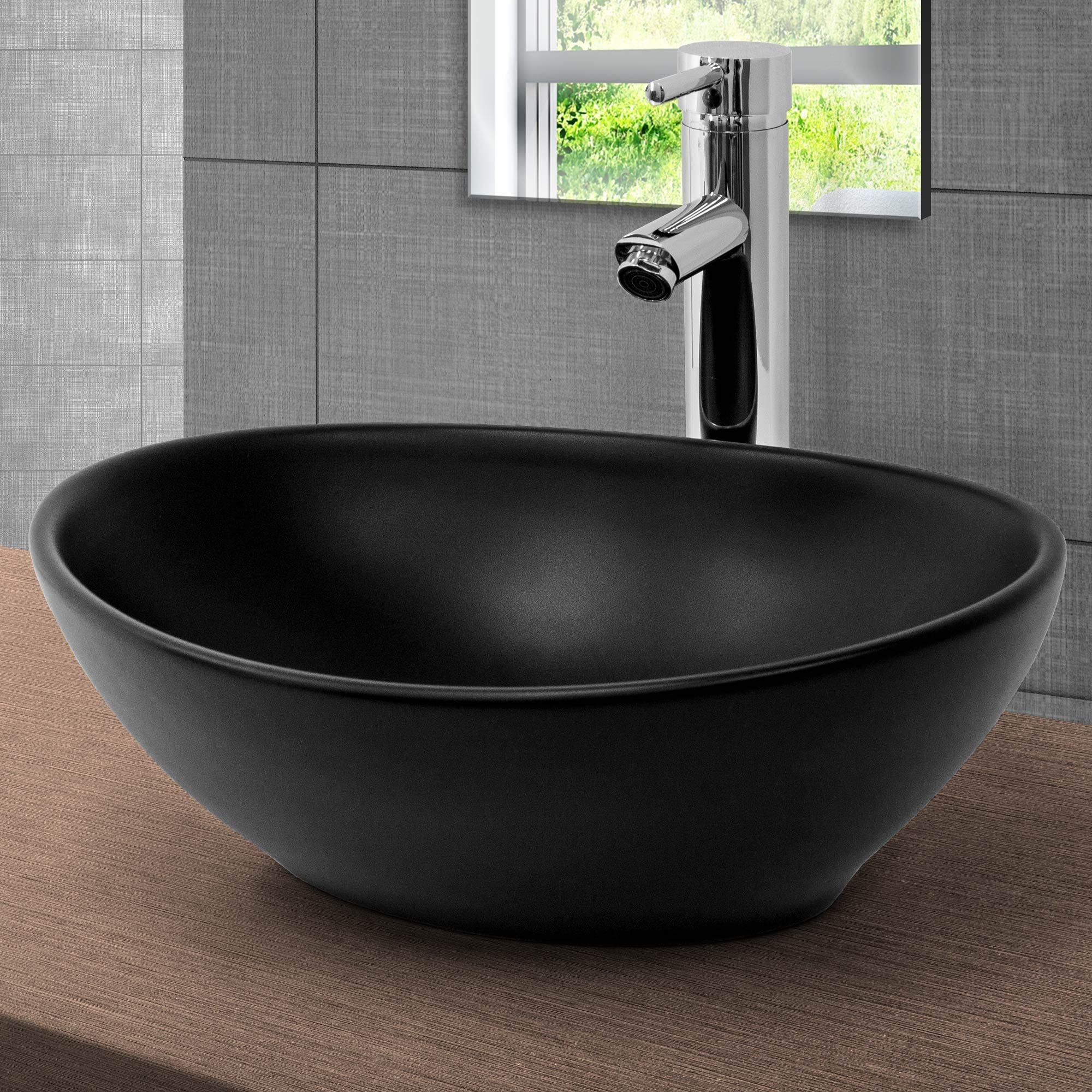 LuxeBath Waschbecken Keramik 410x335x145 mm oval Schwarz mit Ablaufgarnitur Schwarz, Aufsatzwaschbecken für Badezimmer/Gäste-WC, Aufsatzbecken modern, Waschtisch Waschschale Waschplatz Handwaschbecken