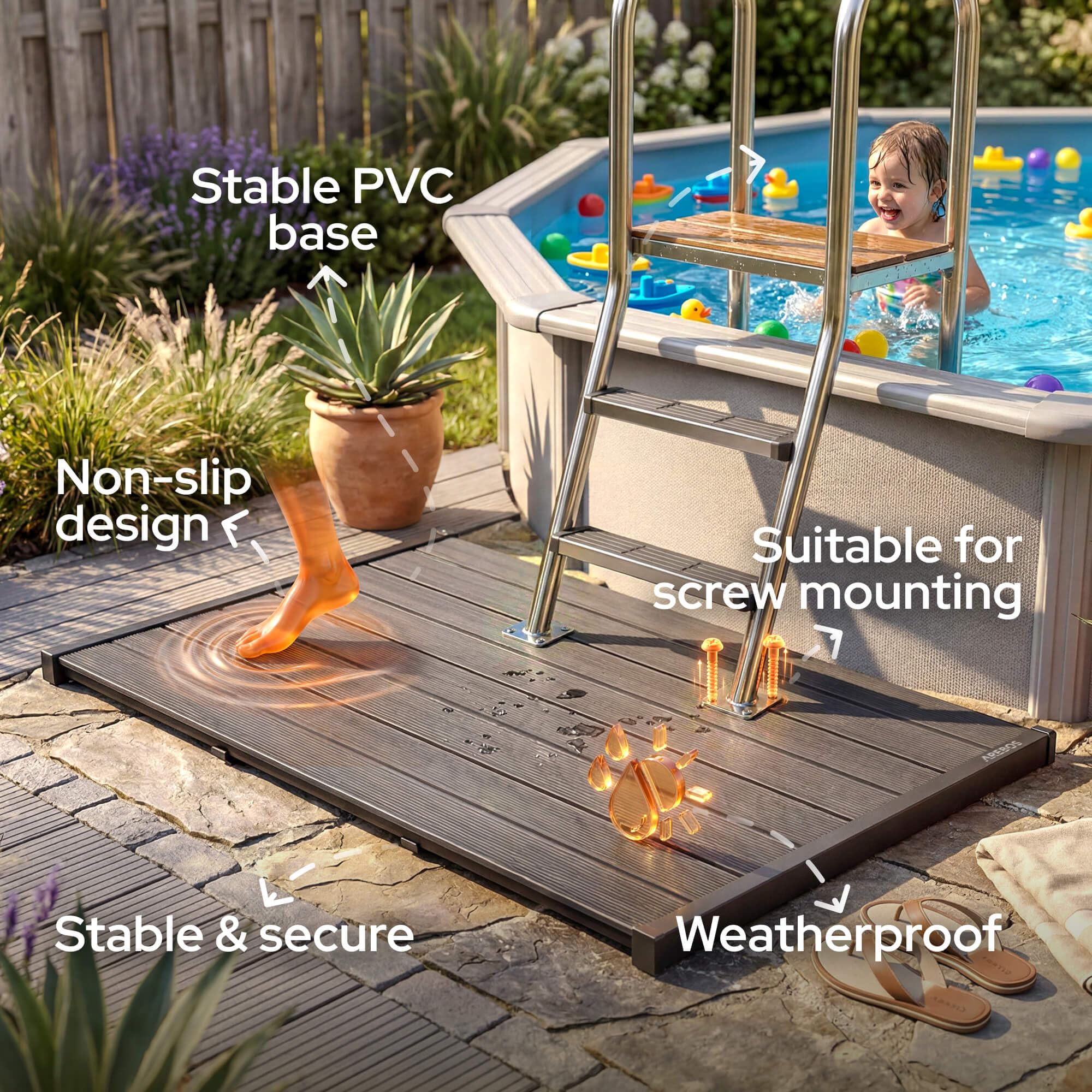 Arebos Elemento de suelo para ducha de jardín | antideslizante e impermeable | placa de suelo de PVC | compatible con tornillos | resistente a la intemperie y estable | ideal para ducha solar, terraza