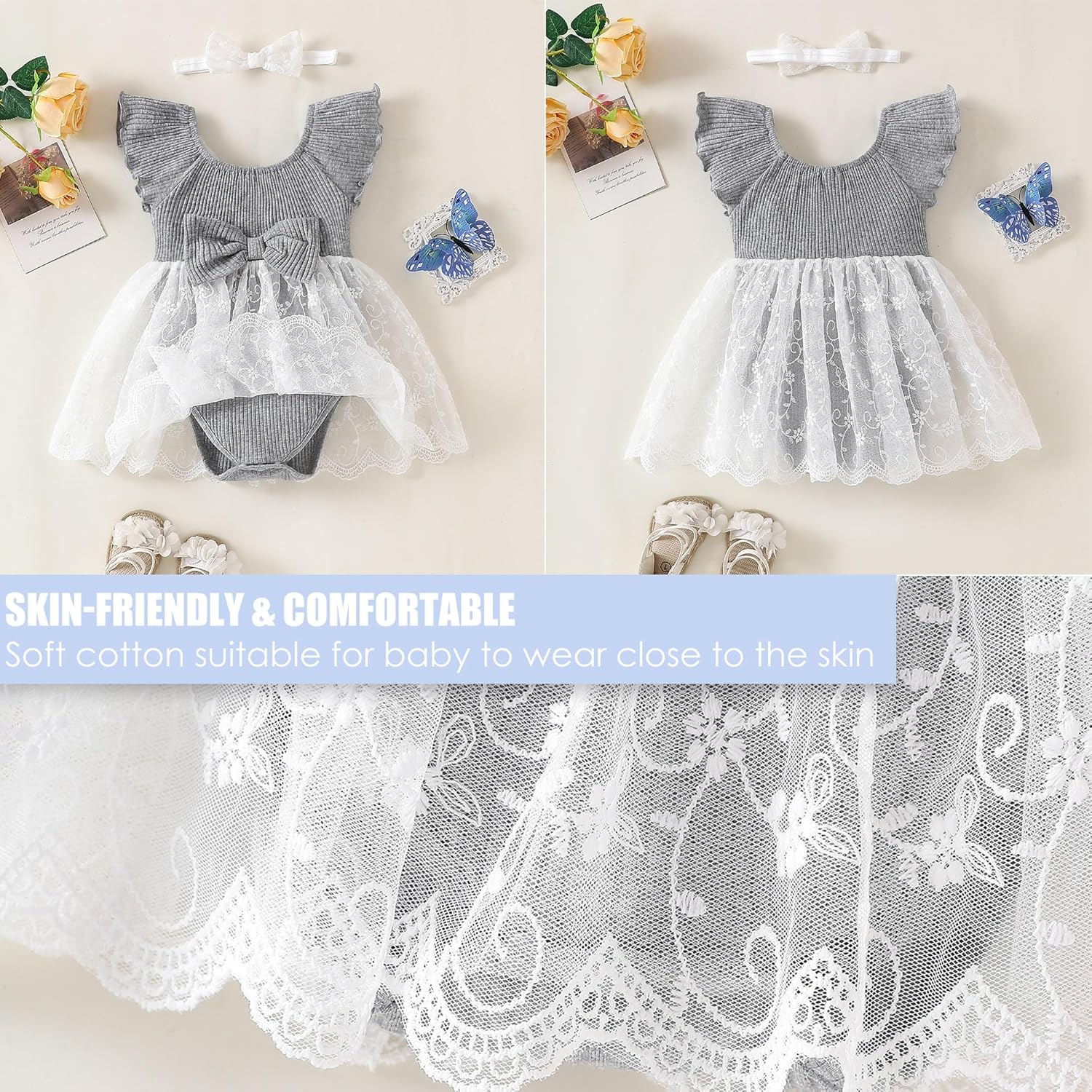 Baby Girl Romper Dress Ribbed Newborn Lace Boho Tutu Dresses Headband Baptism Photography Wedding Summer Outfit 0-24M - Image 5