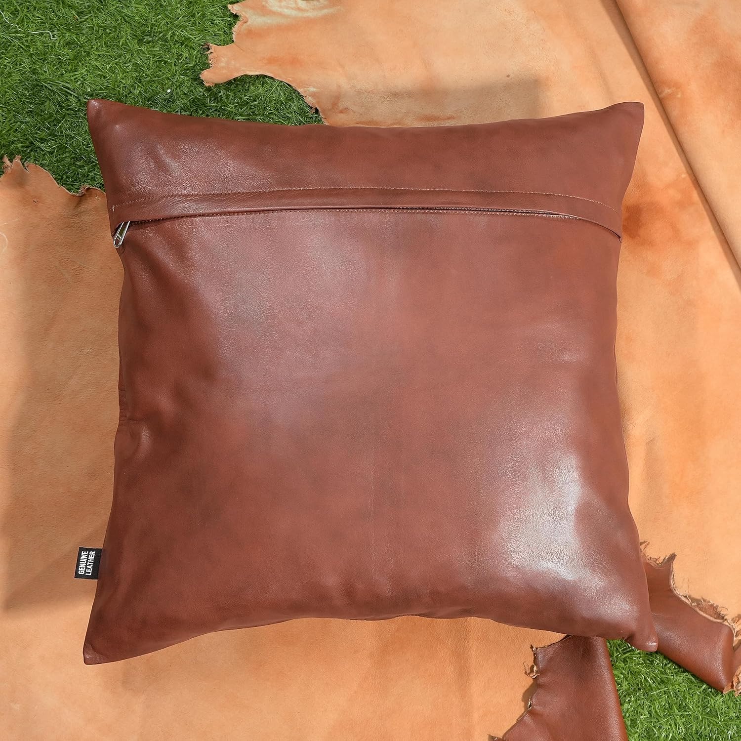 Lambskin Leather Pillow Cover - Chair, Bed, Chaise Lounge, Sofa Cushion Case - Throw Covers for Living Room & Bedroom, 18" x 18" - Tan Antique Plain Pack of 2