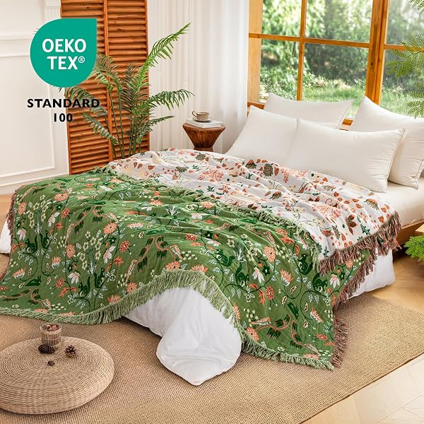 Boho Tagesdecke mit Fransen, 100% Baumwolle Doppelseitige Musselin Decke 150x200cm, Weiche Kuschelige Sofadecke & Bettüberwurf, Atmungsaktiv für Wohnzimmer Schlafzimmer Ganzjährige Nutzung - 2