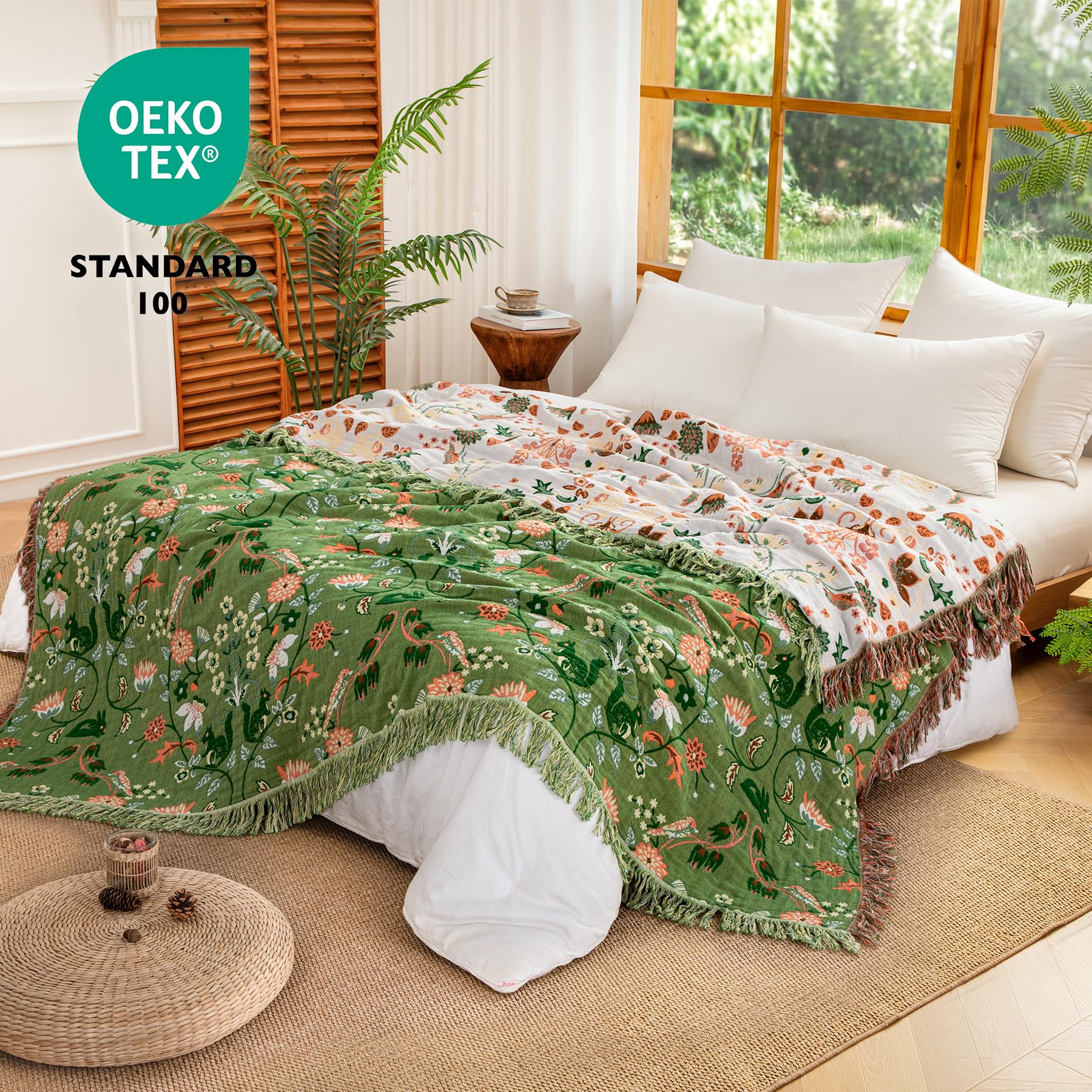 Colcha Boho con Flecos de, 100% algodón, Manta de Muselina Reversible de 150 x 200 cm, Manta Suave y acogedora para sofá y Colcha, Transpirable para salón y Dormitorio, Apta para Todo el año