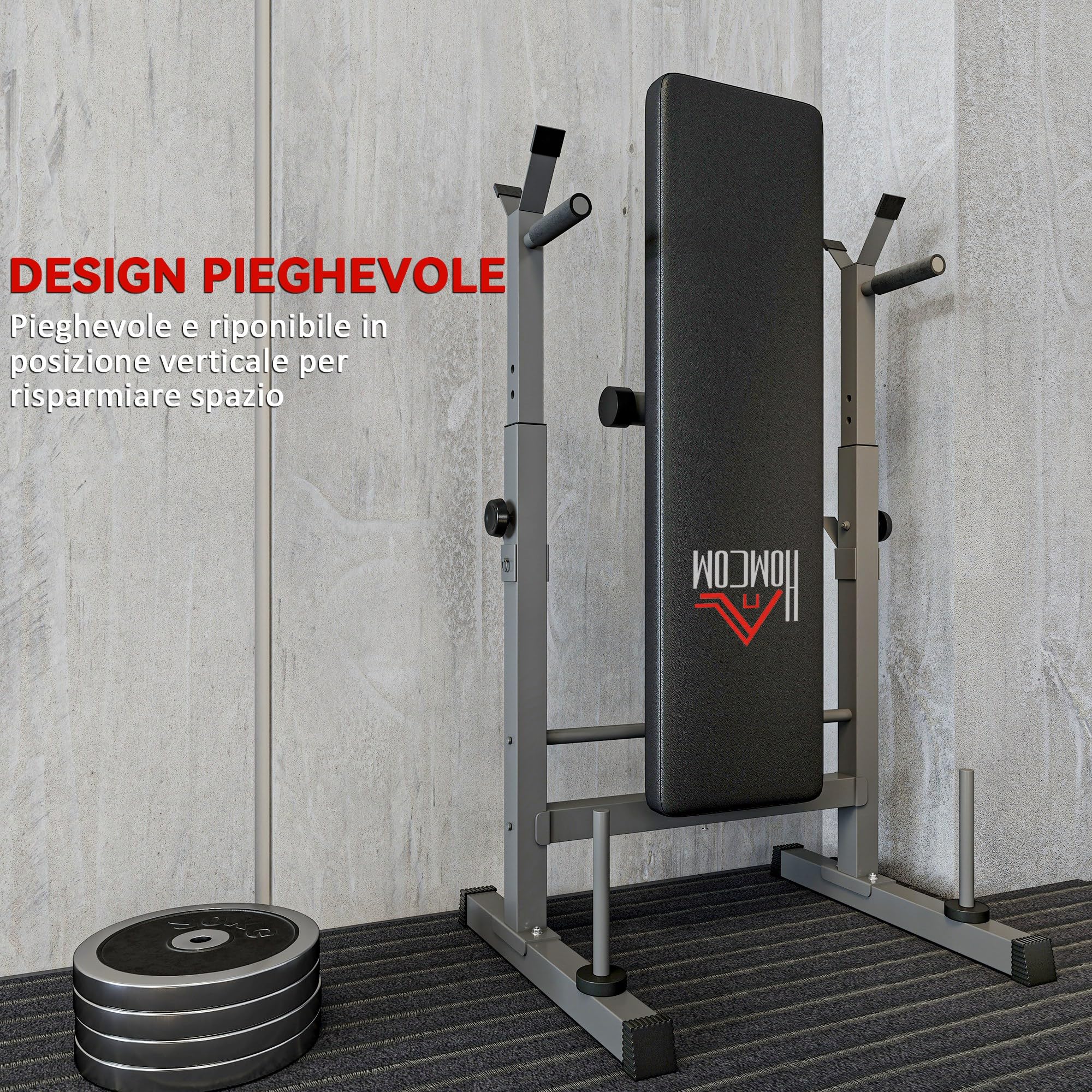 HOMCOM Panca da Palestra Pieghevole con Supporto per Bilanciere Regolabile in 8 Posizioni, Panca Pesi in Acciaio e PU per Palestra Casa, Portata 220 kg, 140x73x98-122 cm