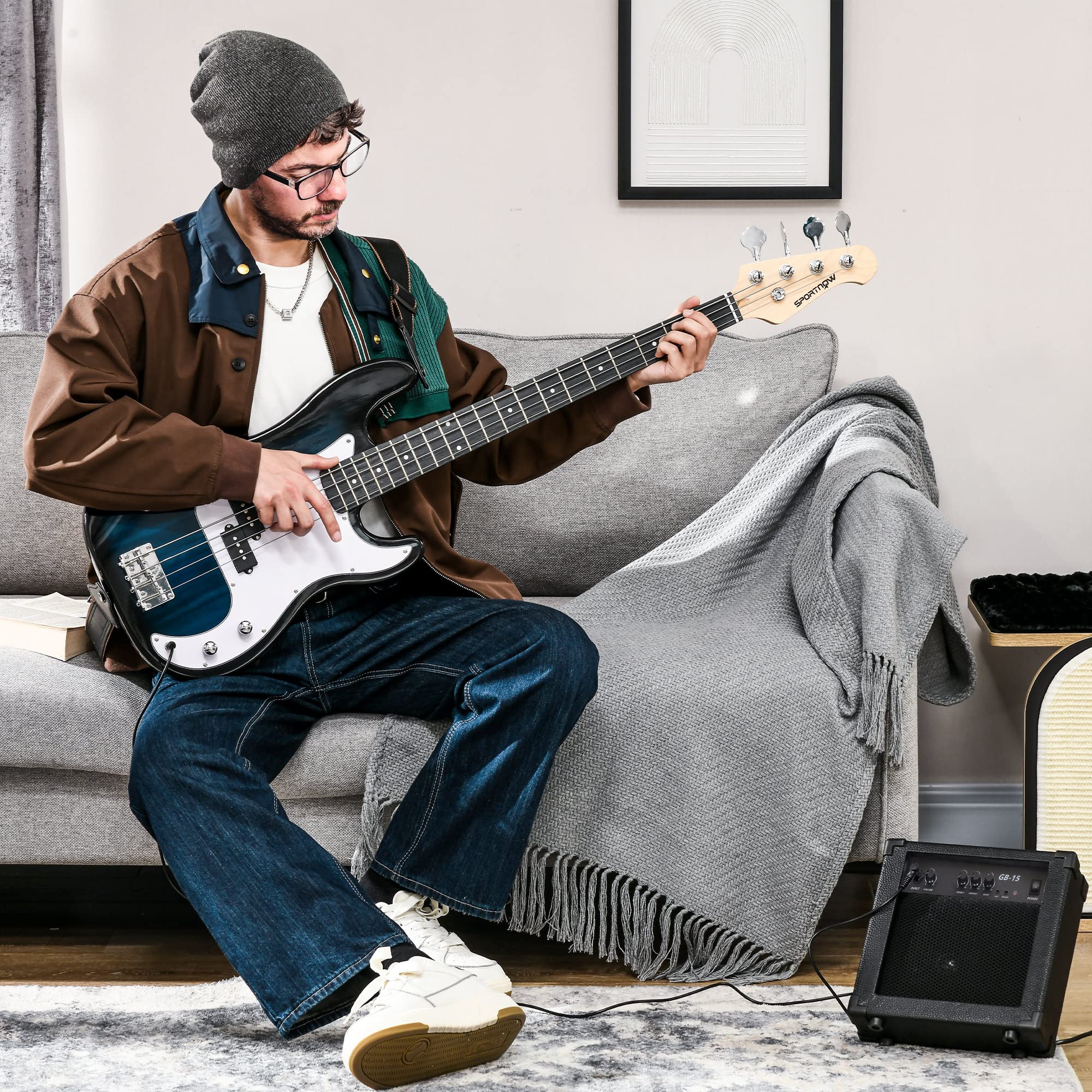 SPORTNOW Guitarra Bajo Eléctrico de 4 Cuerdas con Amplificador de 15W, Bolsa, Correa y Púas, Azul Oscuro | Bandolera, Púas