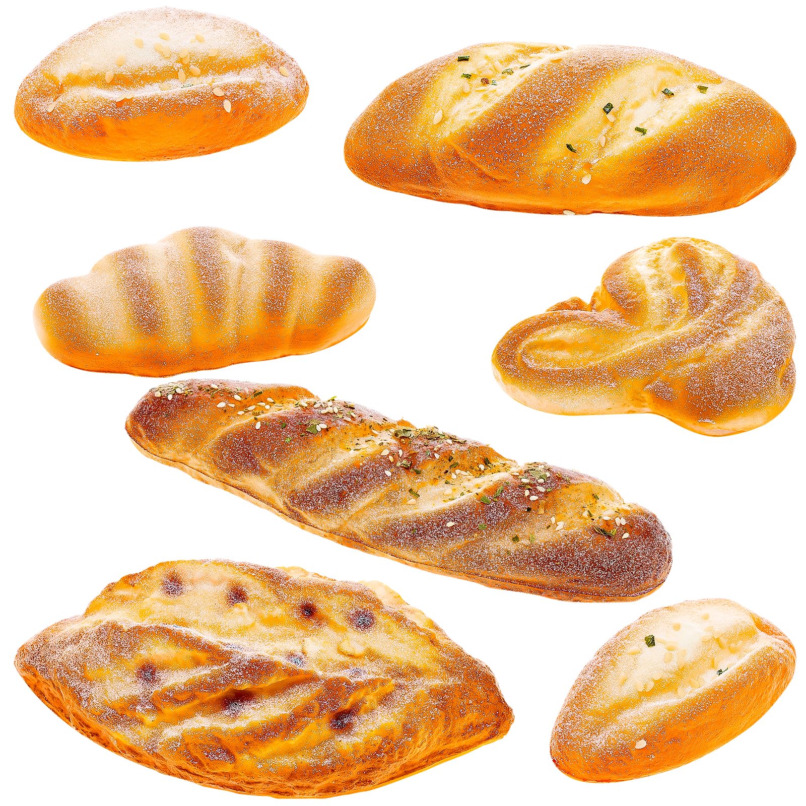 Funzhan 7pcs Artificial Bread Decoration Fake French Bread Lifelike Croissant Loaf Simulation Sesame Baguette Model Rhombus Twist Pastry Food Set Kitchen Party Cafe Bakery Shop Display
