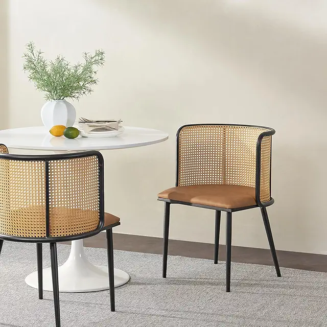 Set of 2 Rattan Dining Chairs with Metal Legs - Brown & Black