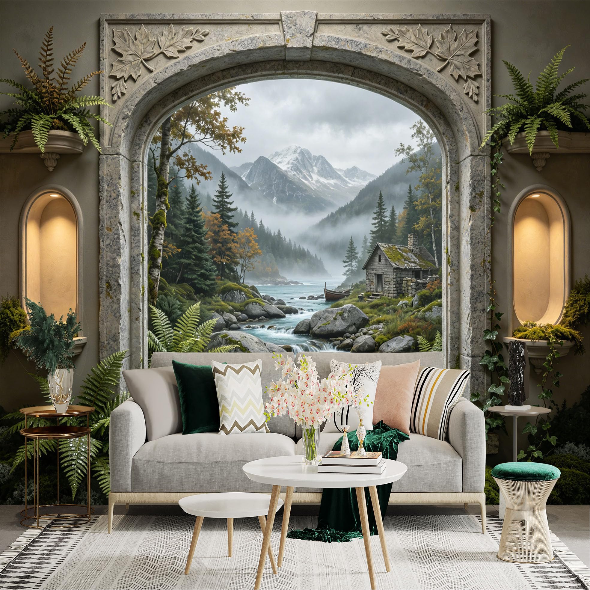 Custom Size Wall Sticker Mural， Mountain Cabin by River with Forest and Misty Valley View， for wall Decoration， peelandstick wall Decals.