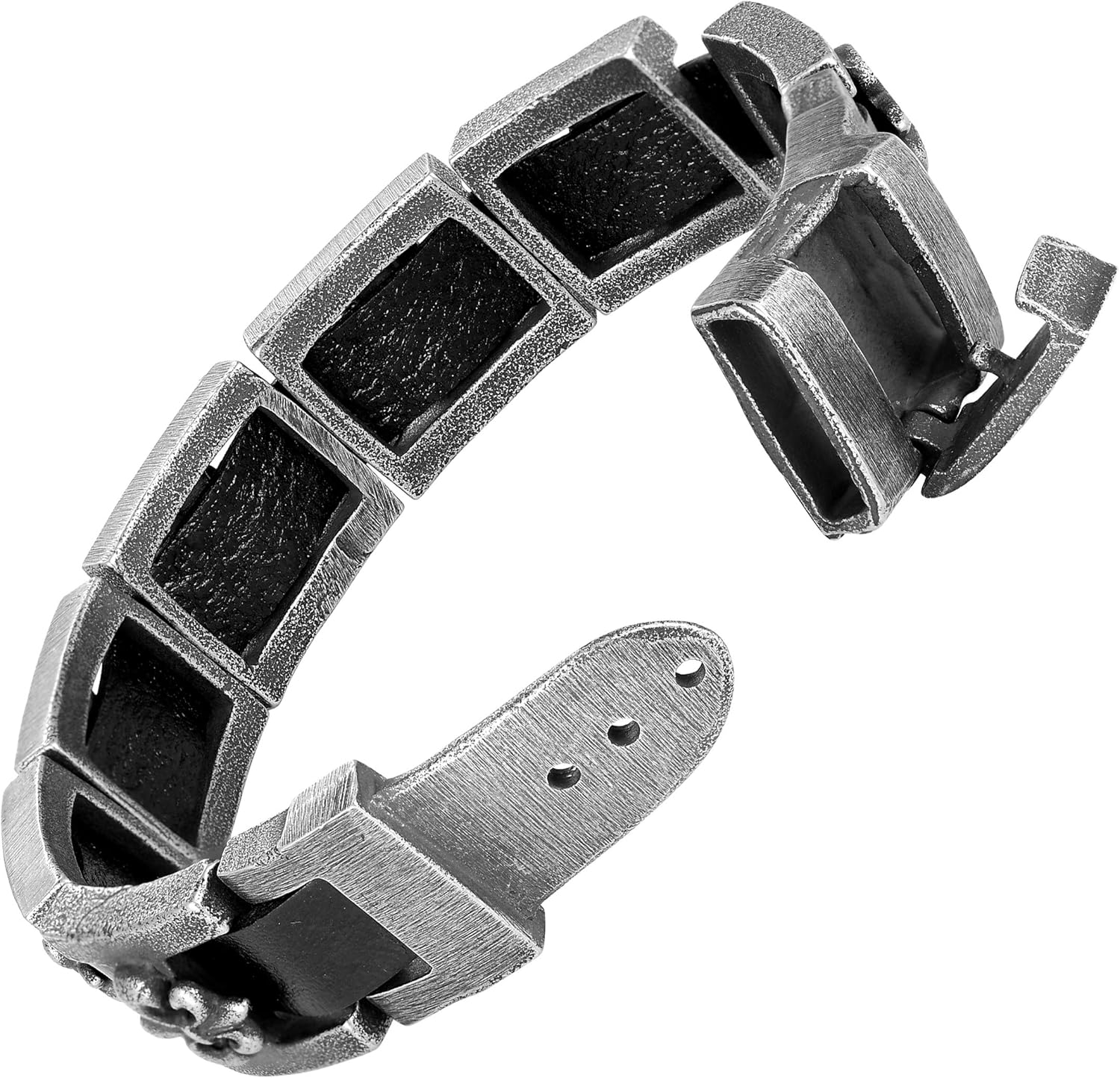 Modern Men’s Bracelet – Interlocking Box Chains with Fleur De Lis Emblem – Made of Comfy Genuine Leather & Stainless Steel – Black & Gun Metal Grey Color –Jewelry Gift or Accessory for Men