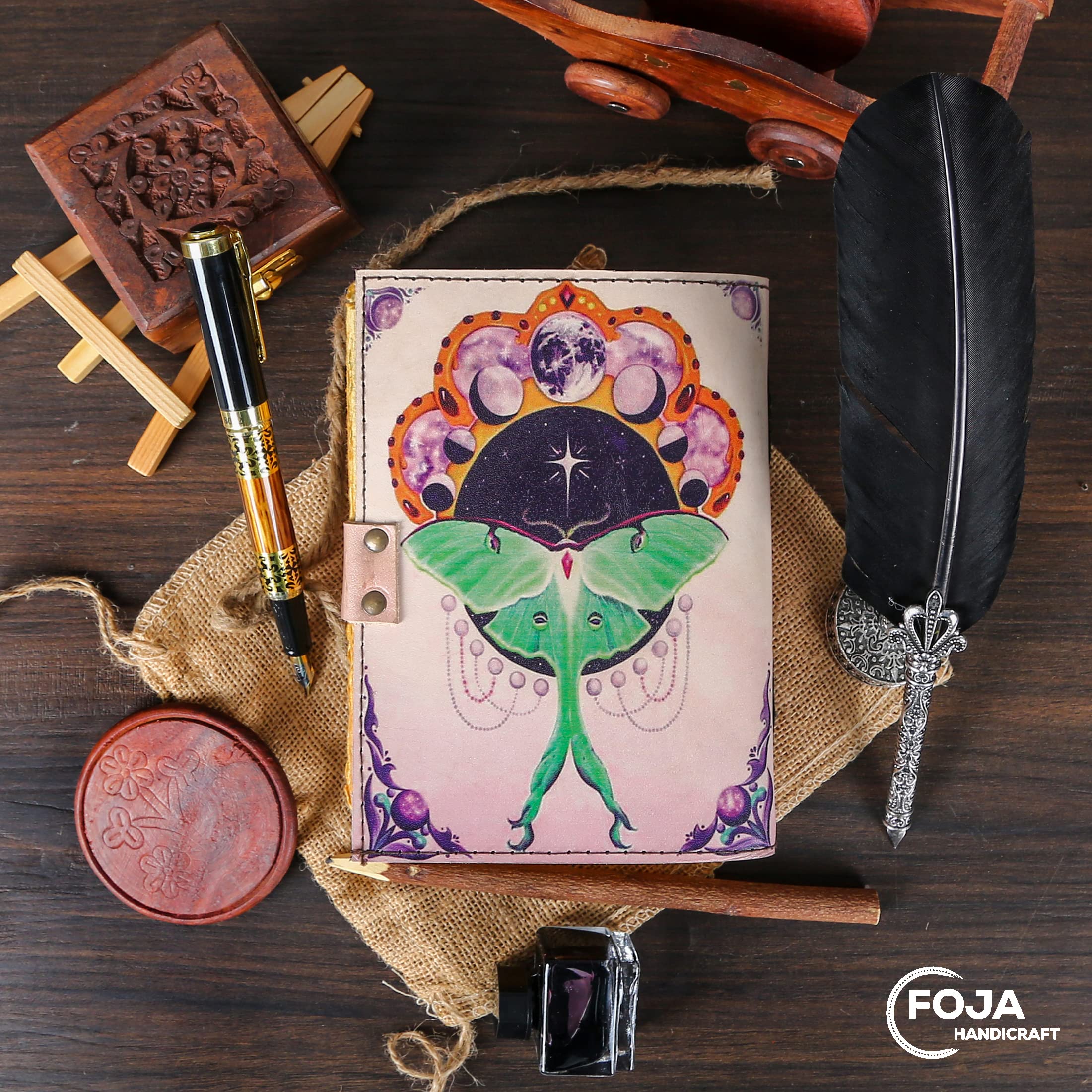 Blank Spell Book of Shadows Journal for Men & Women 200 Pages with Lock Clasp Vintage Handmade Leather Luna Moth Deckle Edge Vintage Paper, Leather Sketchbook, Drawing Journal, Printed Leather - Image 3
