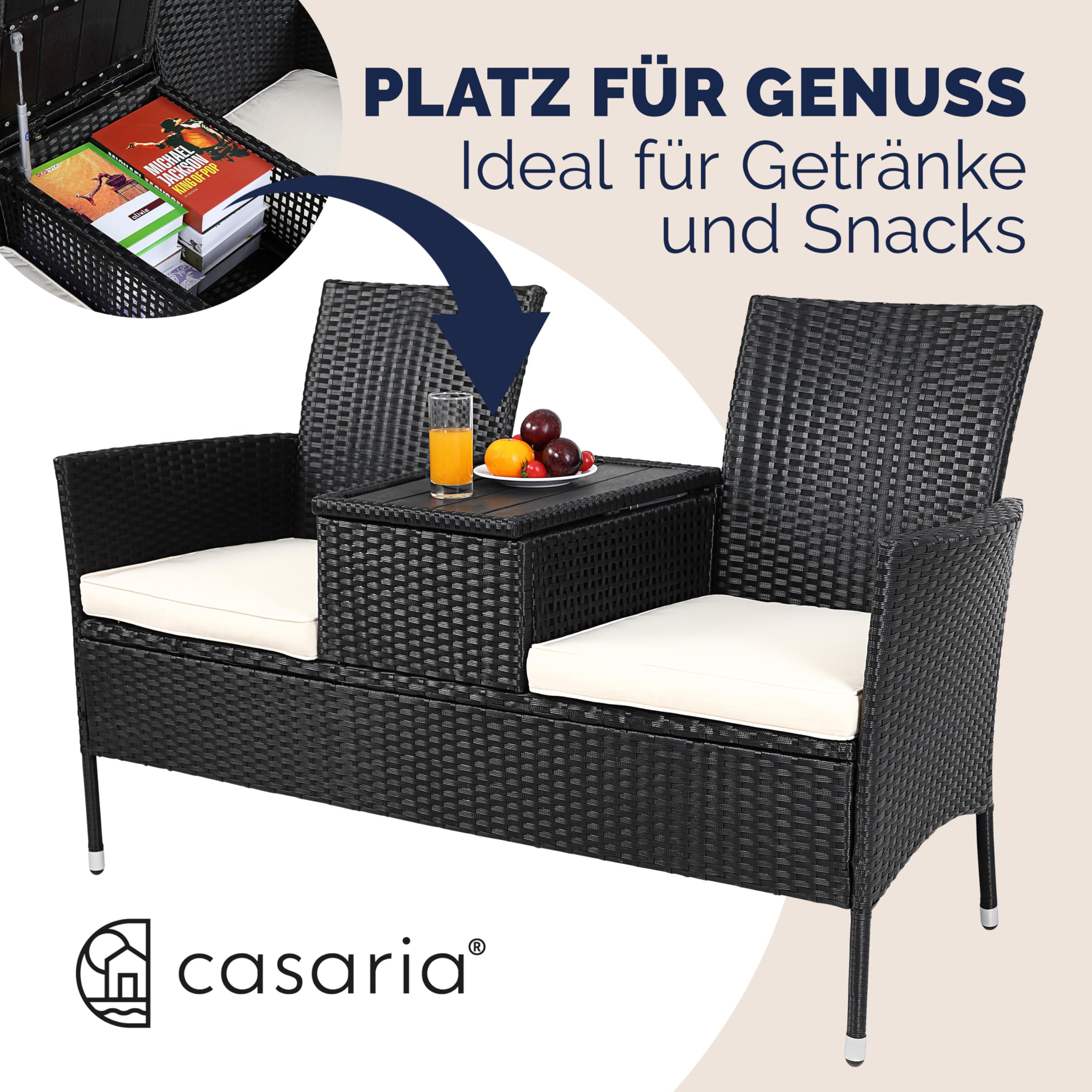 Casaria® Gartenbank Wetterfest UV-beständig Polyrattan Tisch Aufbewahrungsbox Auflagen 320kg Belastbarkeit Garten Balkon Möbel Bank 2-Sitzer Schwarz