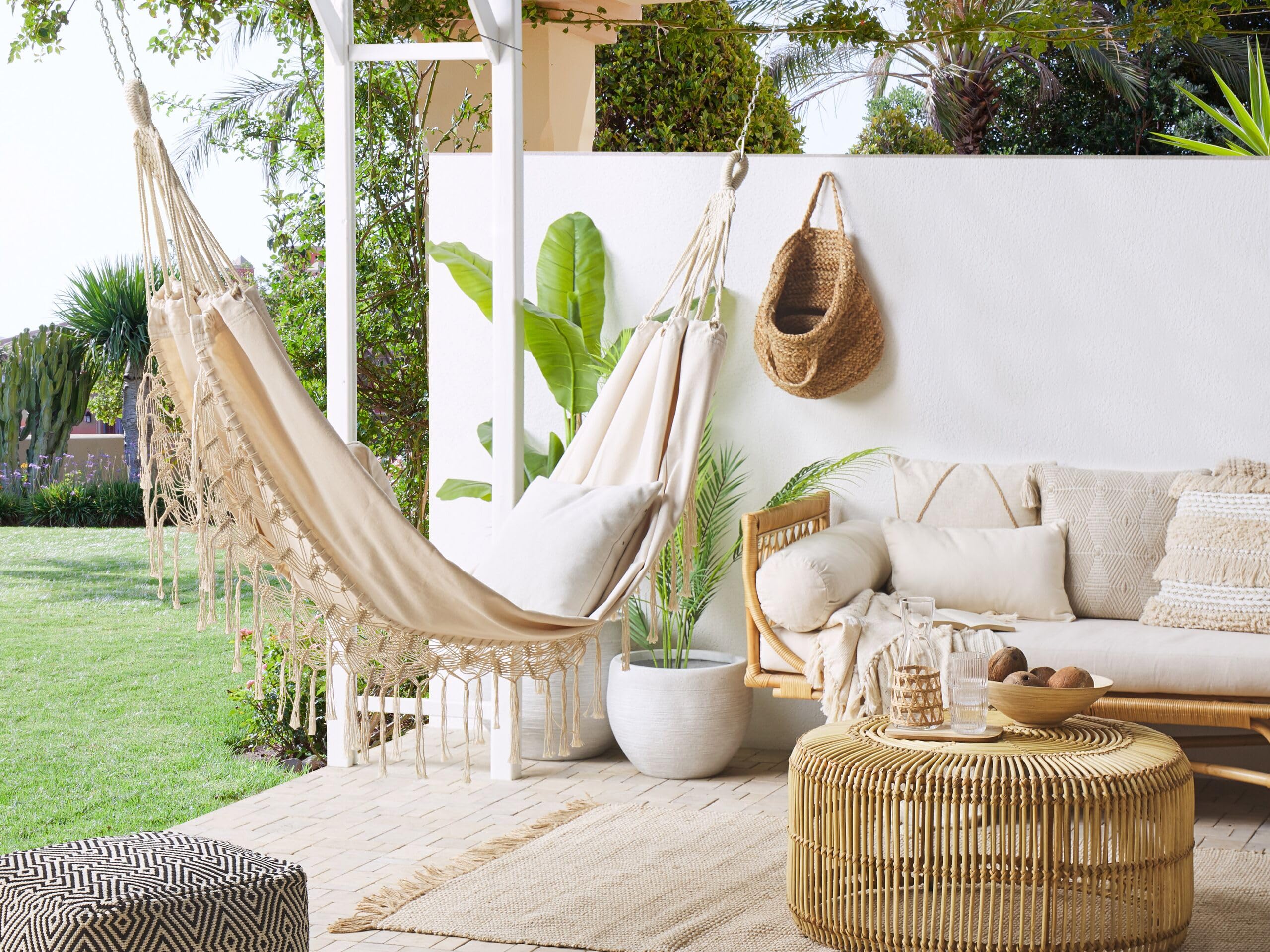 Hamac Style Boho Suspendu Balancoire Intérieur Extérieur en Coton Beige Rocca