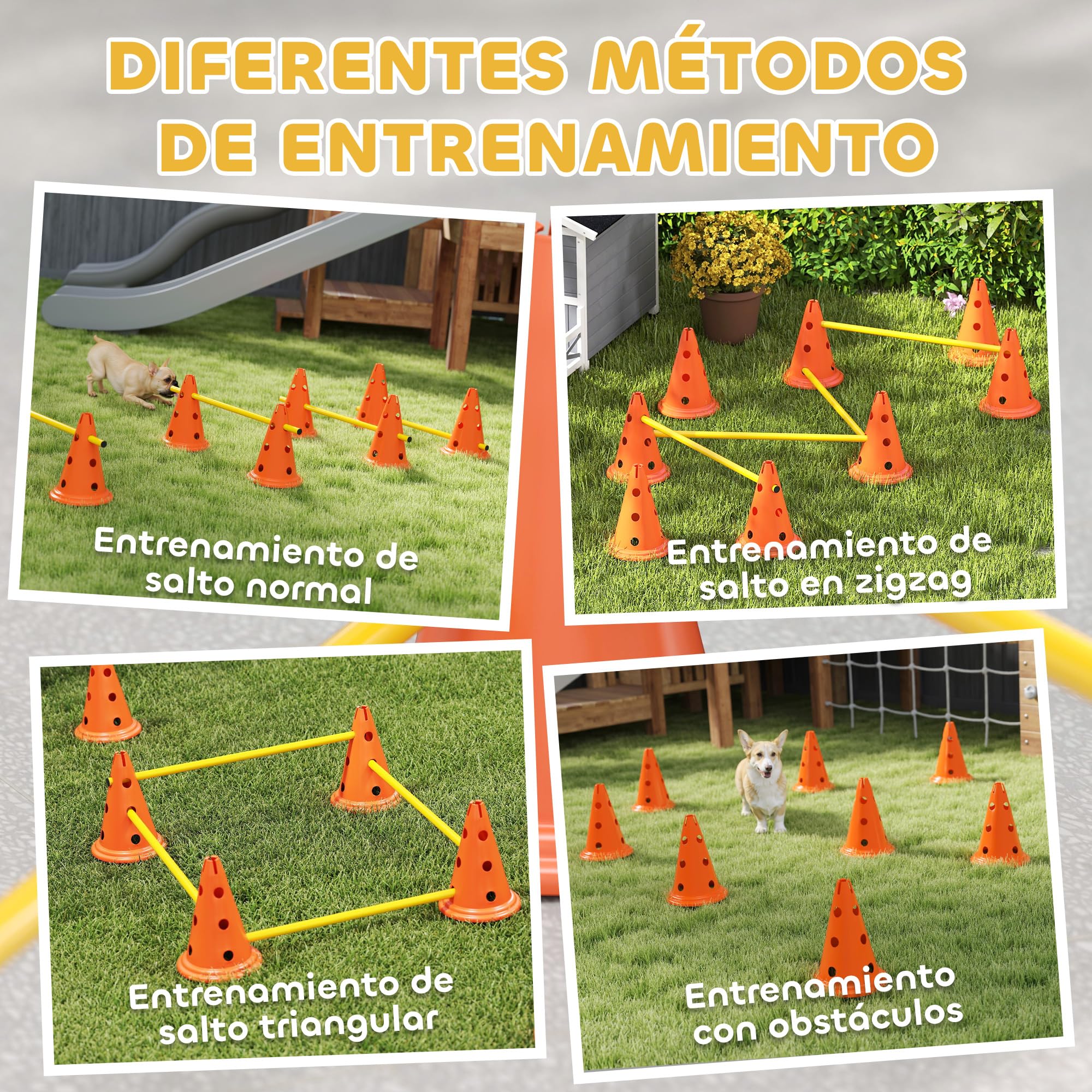 PawHut Juego de Agilidad para Perros, Vallas de Obstáculos de Entrenamiento de Coordinación, 8 Conos 30 cm de Altura, 4 Barras 80 cm de Longitud y Bolsa de Transporte, para Deporte de Fútbol y Perros