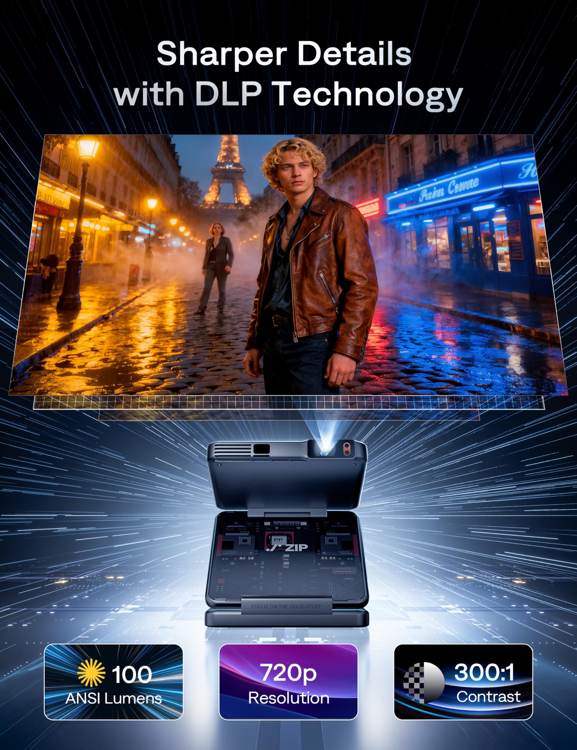 Aurzen Zip Cyber Tri-Fold Mini Vidéoprojecteur DLP, autonomie jusqu'à 1,5 h
