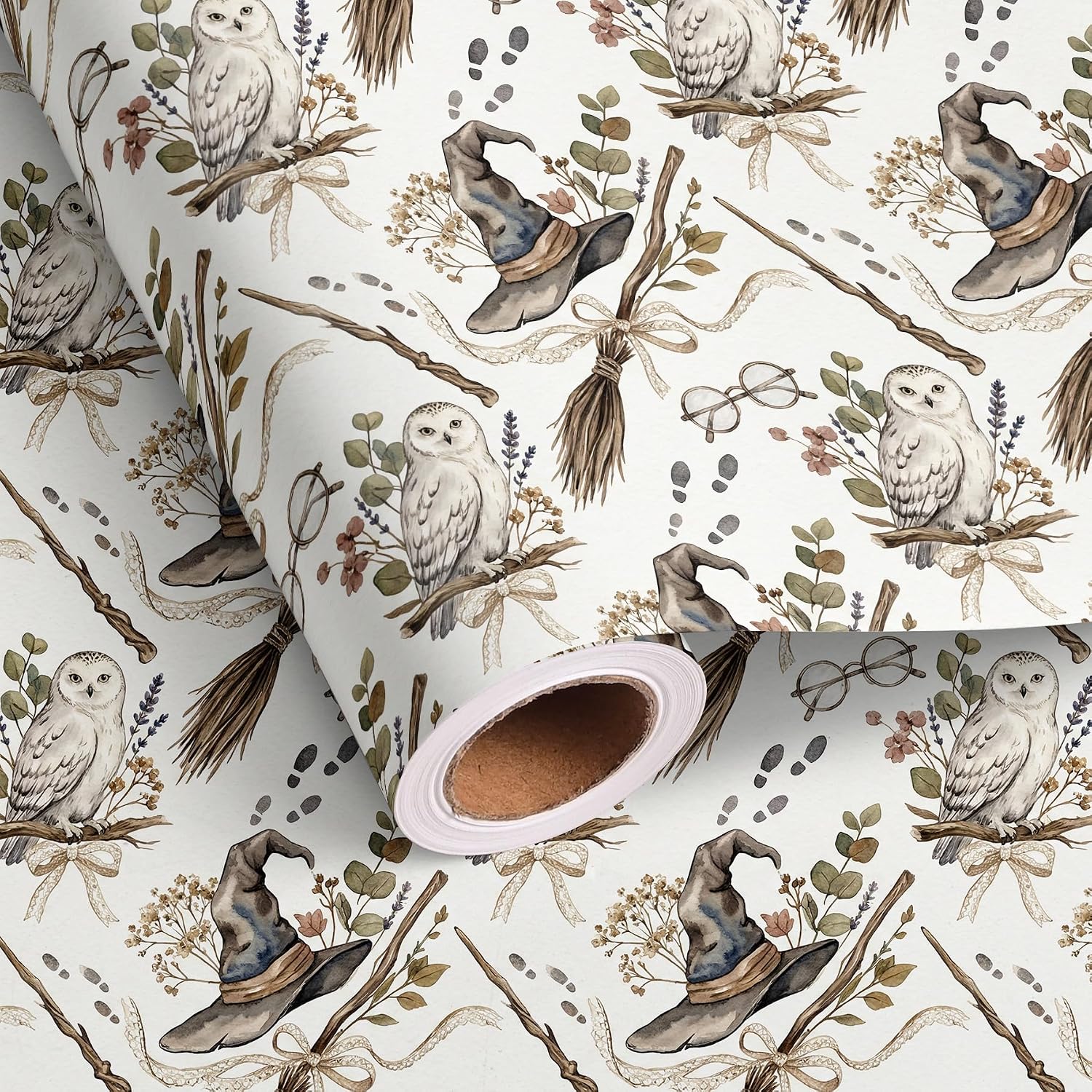 lopmou Witch Wrapping Paper Roll for Girls Boys - White Gift Wrap with Witch Hat, Magic Broom, Owl, Floral, Bow Design for Birthday Party Supplies DIY Craft (Total 28.5 sq.ft)