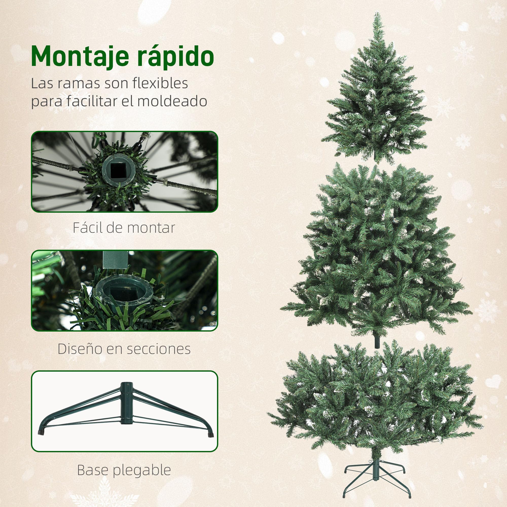 HOMCOM Árbol de Navidad 210 cm con Luces LED 9 Modos de Iluminación Verde | Árbol Navideño de Abeto, 1160 Ramas con Nieve Artificial, Soporte Metálico, Fácil de Montar