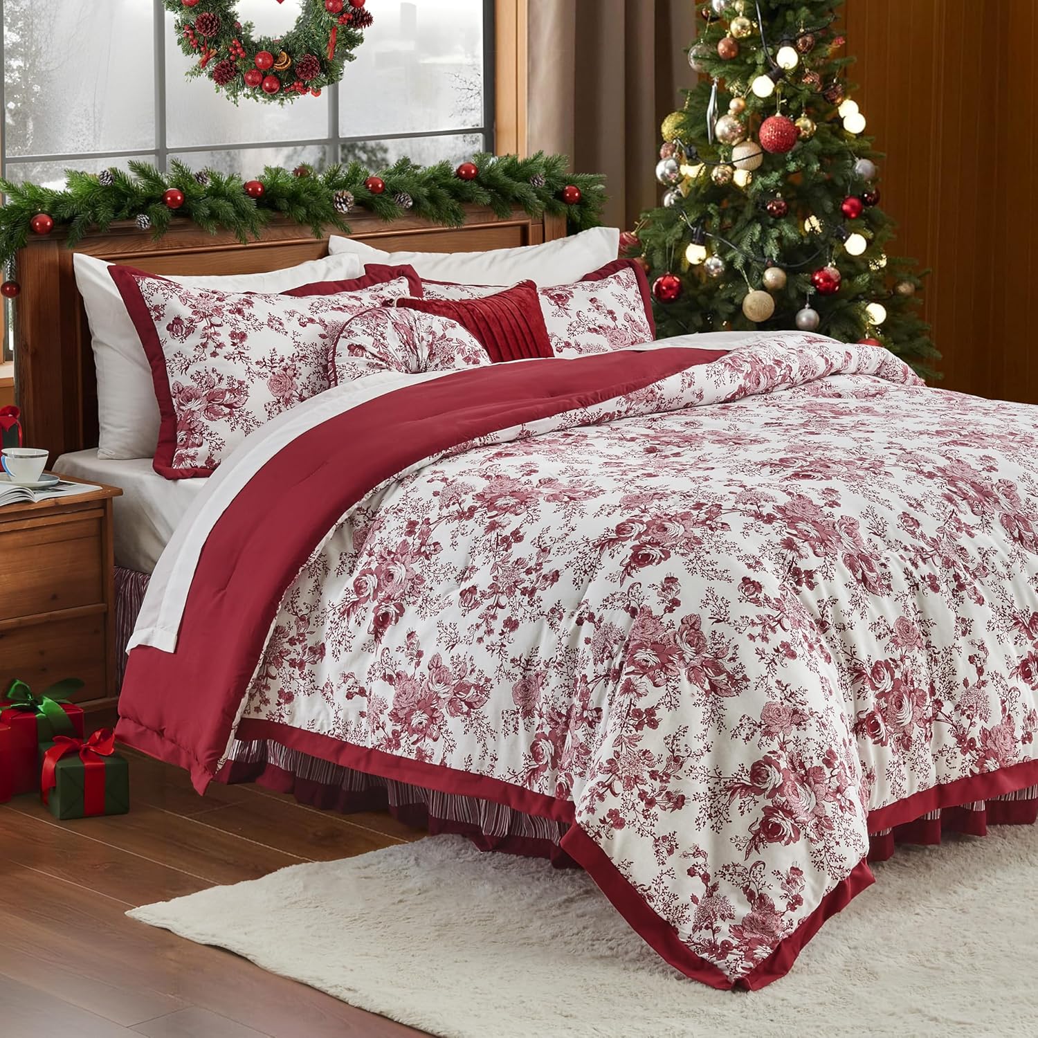 Wonderful Christmas Bedding, 5 Pieces Red Floral Cotton Comforter Set Queen, Farmhouse Lightweight Comforter Bed in a Bag with Pillow Shams, Bed Skirt and Decorative Pillows for All Season,92"x96"