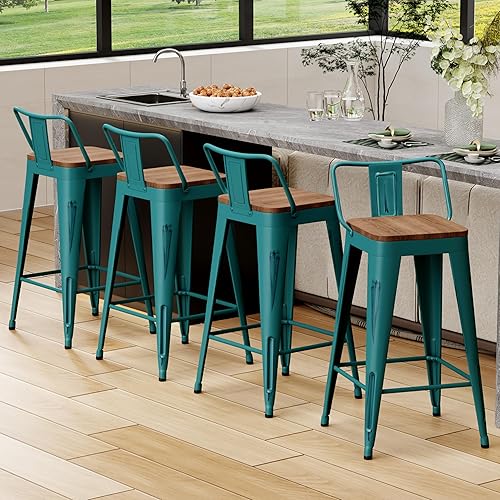 Miniatura 10 de Alunaune Juego de 4 taburetes de bar de metal de 26 pulgadas, taburetes de bar industriales de altura de mostrador, taburete de encimera de cocina,