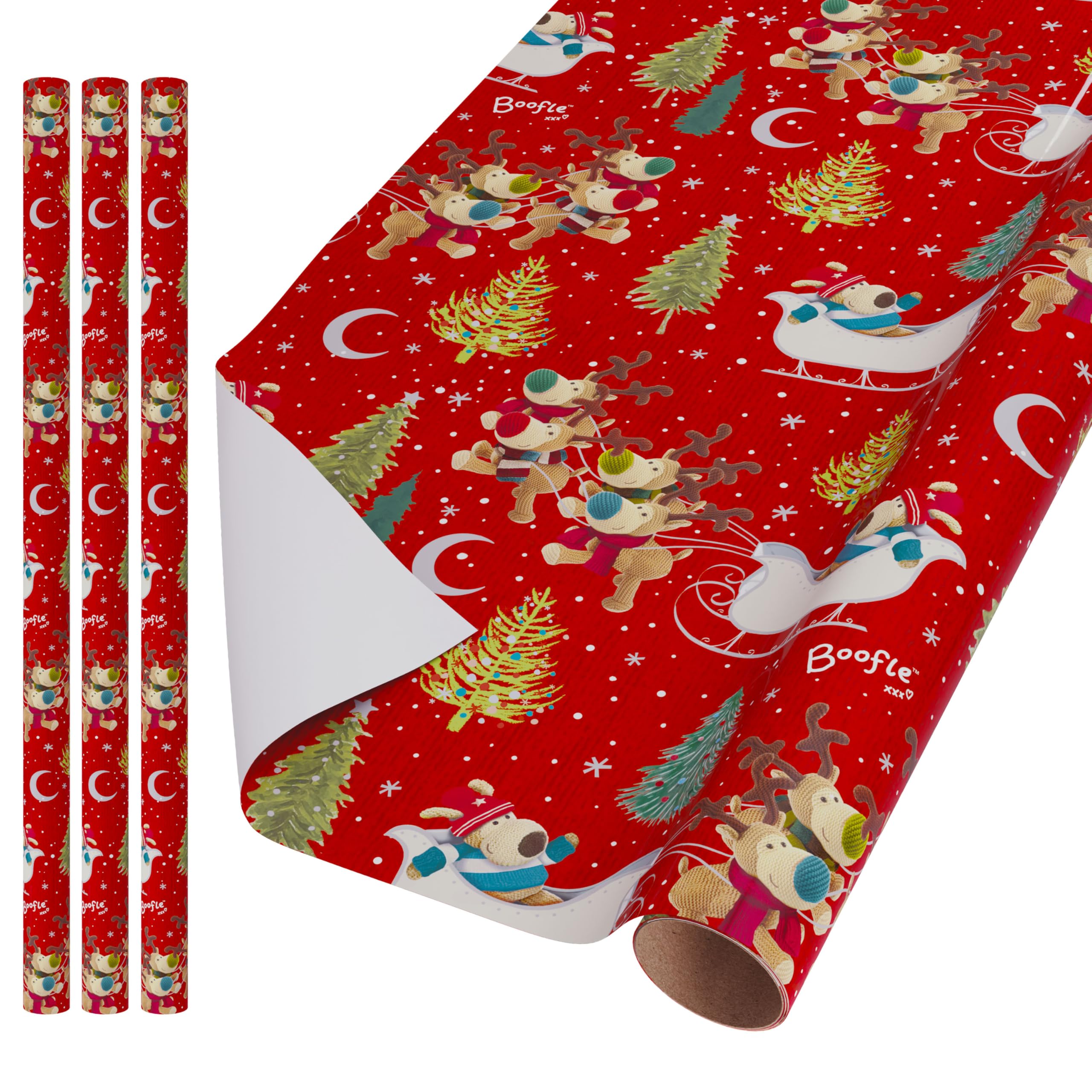 Boofle | Multipack of 3 Roll Wraps for Him/Her/Friend | For Christmas Gifts | Cute Design | 12m Total | 3 x 4m Rolls