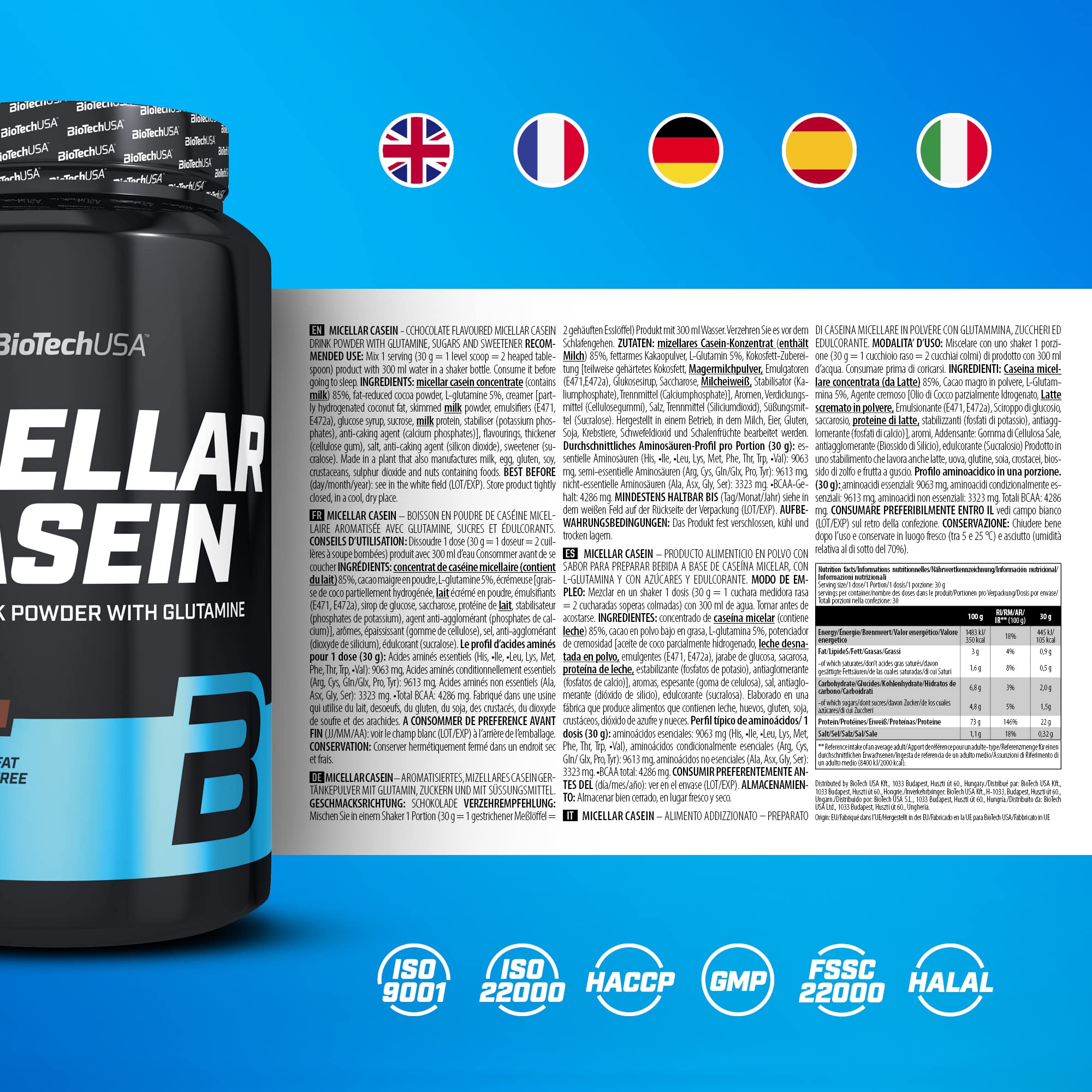 BioTechUSA Micellar Casein | Mit mizellarem Casein | Zusatz von L-Glutamin | Langsam resorbierendes Casein | Niedriger Zuckergehalt | Glutenfrei | 18g Eiweiß pro Portion | 908 g, Schokolade