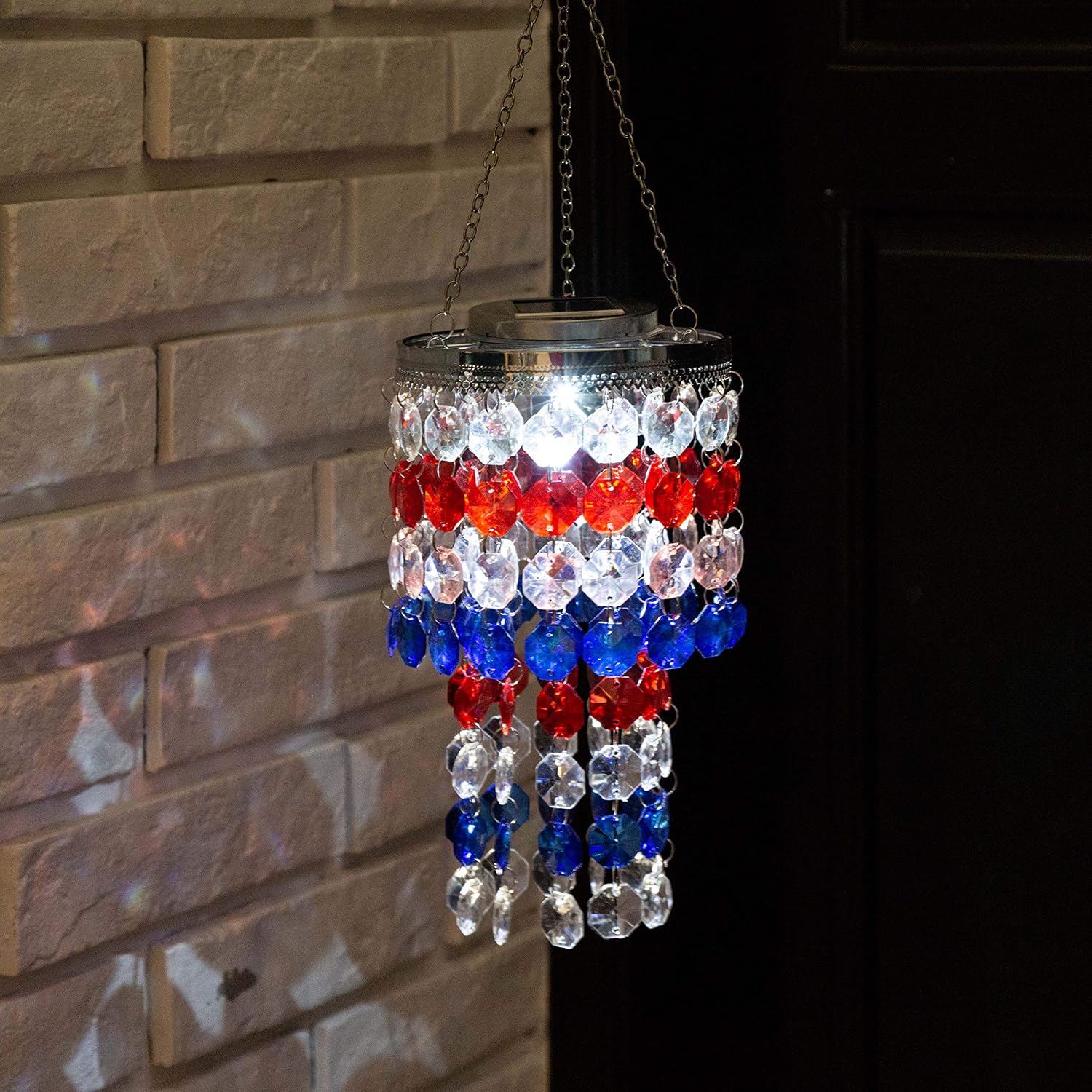 Glitzhome Wind Chimes LED Solar Wind Chime 19.13” H Americana Hanging Decorative Garden Light Independence Day Multicolored Droplets Grace Chime Patriotic Decor Garden Patio Yard for 4th of July