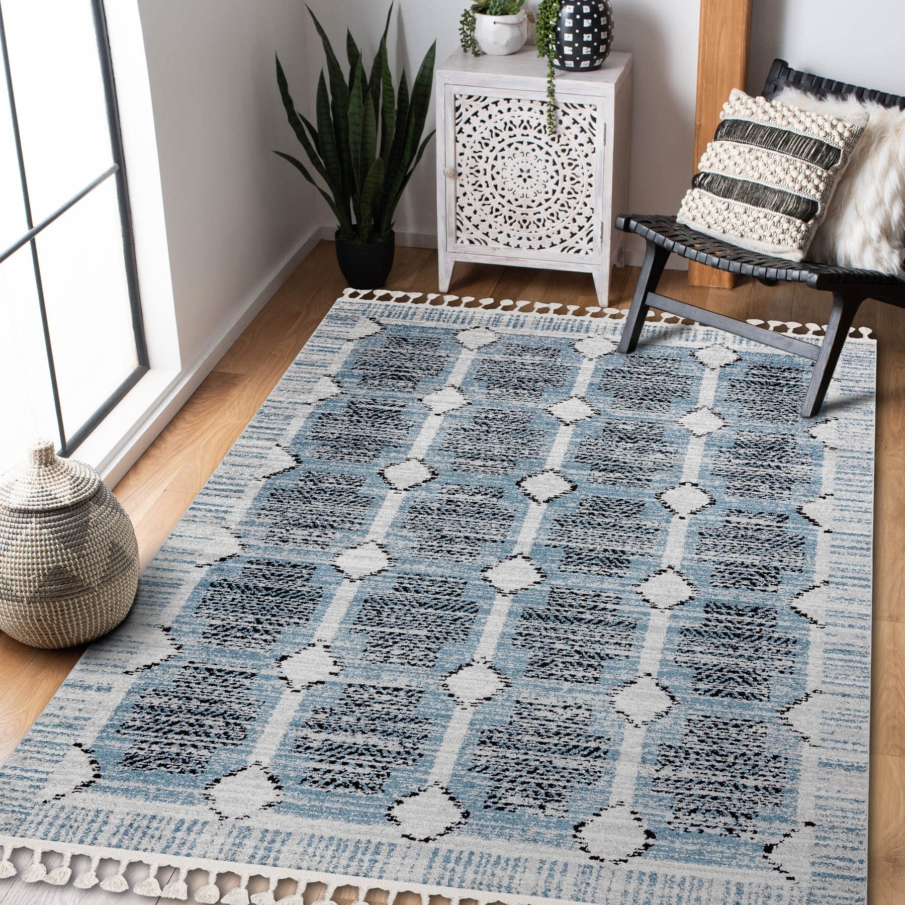 Tapis moderne beige/bleu 80x150 cm à franges pour créer une ambiance chaleureuse chez soi