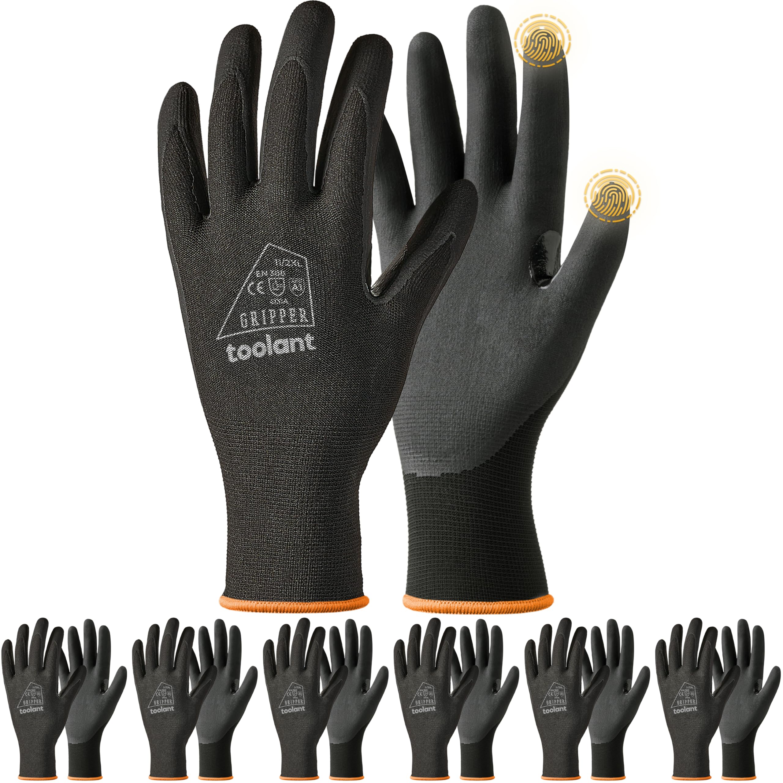 toolant 6 Pairs Work Gloves MicroFoam Nitrile Coated, 15 Gauge Breathable Nylon with Grip in Wet & Oily Condition,Touchscreen,Certified Working Gloves Bulk for Gardening,Warehouse,Automotive,Black,XXL