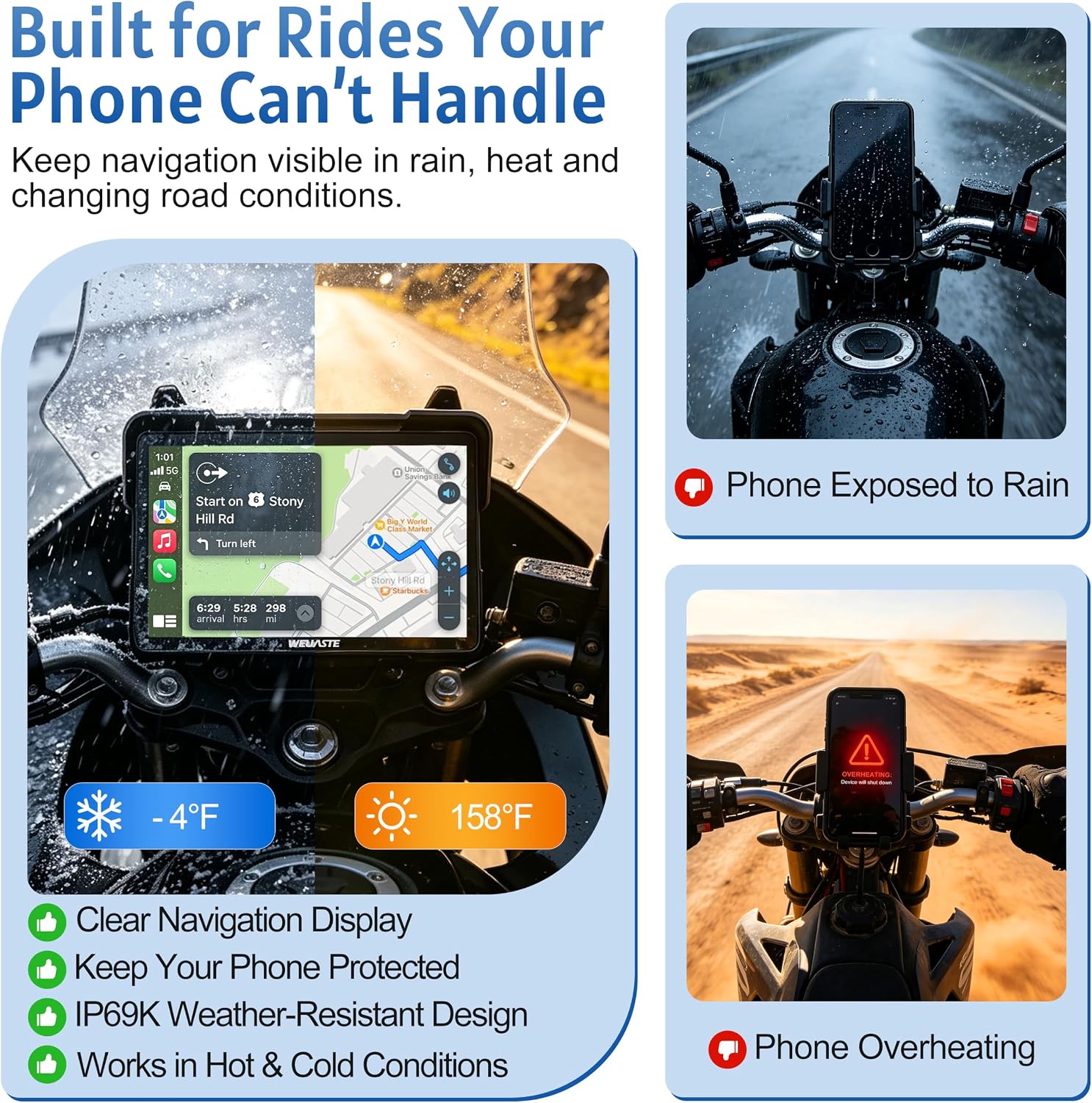 7" Motorcycle CarPlay GPS (Includes 128G SD) with Dual Dash Cam, HD Touch Screen, Wireless Android Auto, Waterproof, TPMS, Navigation, Bluetooth, Music Sharing, Quick-Release, Remote Control image 2