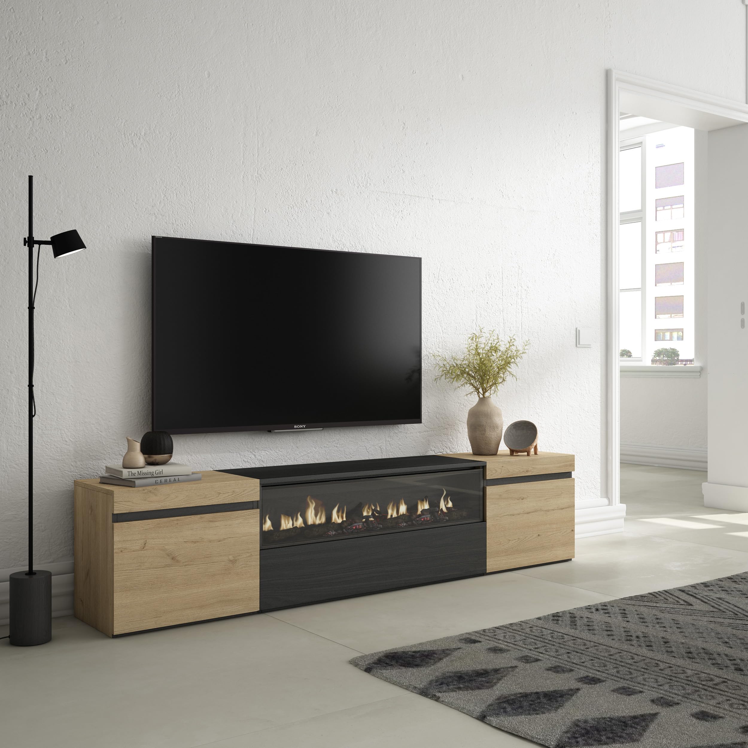 Skraut Home | Mueble TV | Televisión | Muebles de salón, almacenaje | 200x45x35cm | para TV hasta 80" | Chimenea eléctrica | Estilo Moderno | Roble y Negro