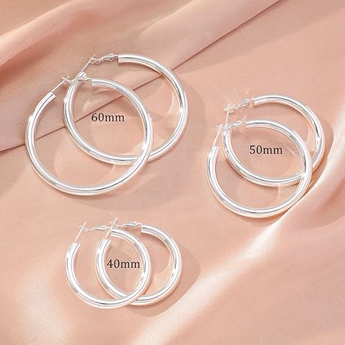 Miniatura 3 de Thick Silver Hoop Earrings S925 Sterling Silver Earrings Hoops Chunky Silver Hoops Hollow Tube Silver Hoop Earrings for Women Hypoallergenic