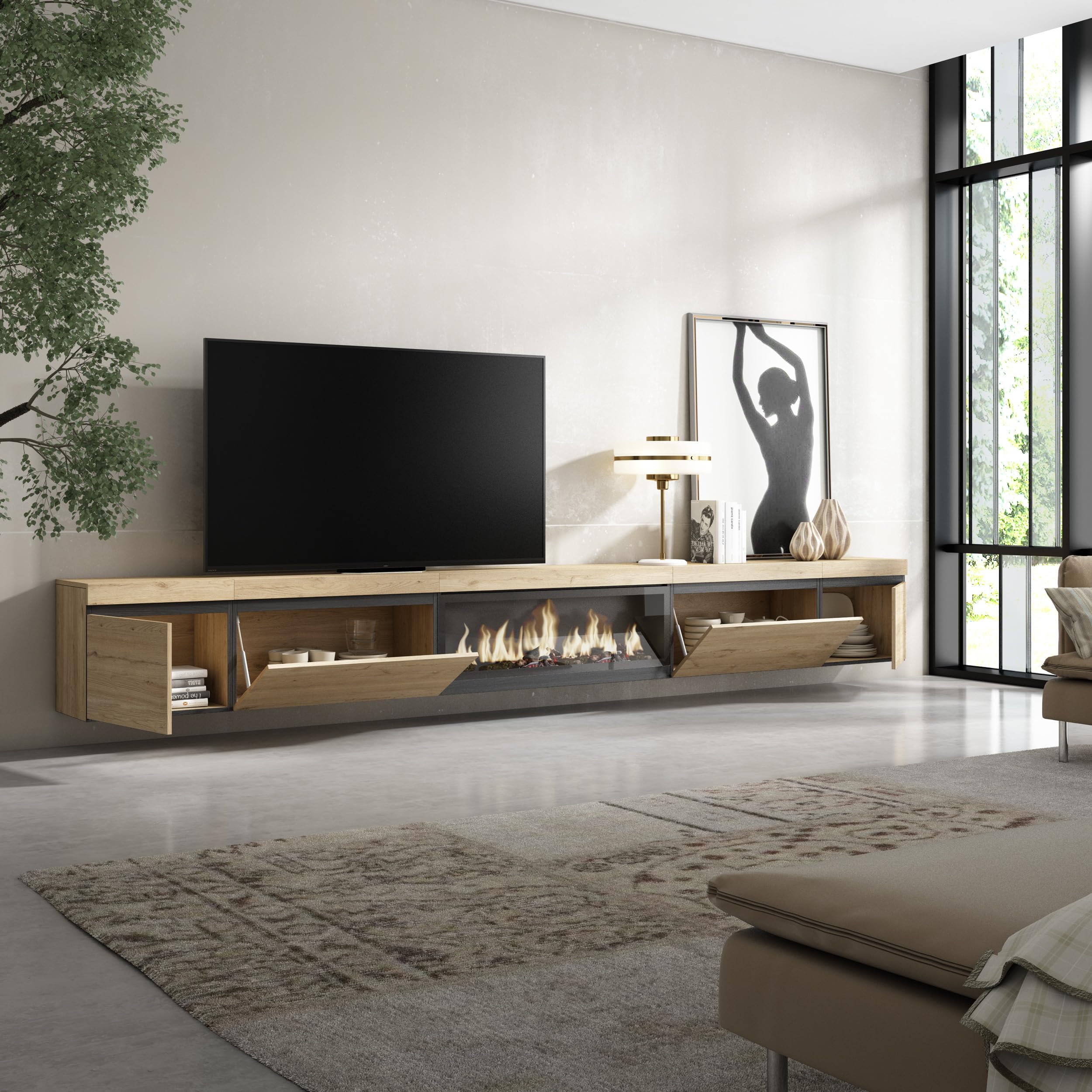 Skraut Home | Mueble TV | Televisión | Muebles de salón, almacenaje | 368x45x35 | Chimenea eléctrica XXL | Colgado, Suspendido | Estilo Moderno | Roble