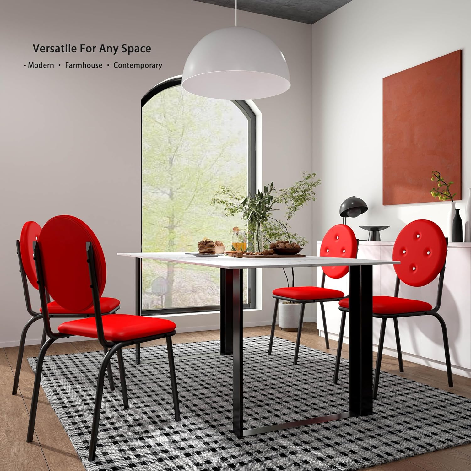 Set of 4 Faux Leather Dining Chairs - Waterproof PU Bar Stools with Sturdy Metal Legs, Easy Assembly Kitchen Counter Height Chairs for Home, Dining Room (RED)