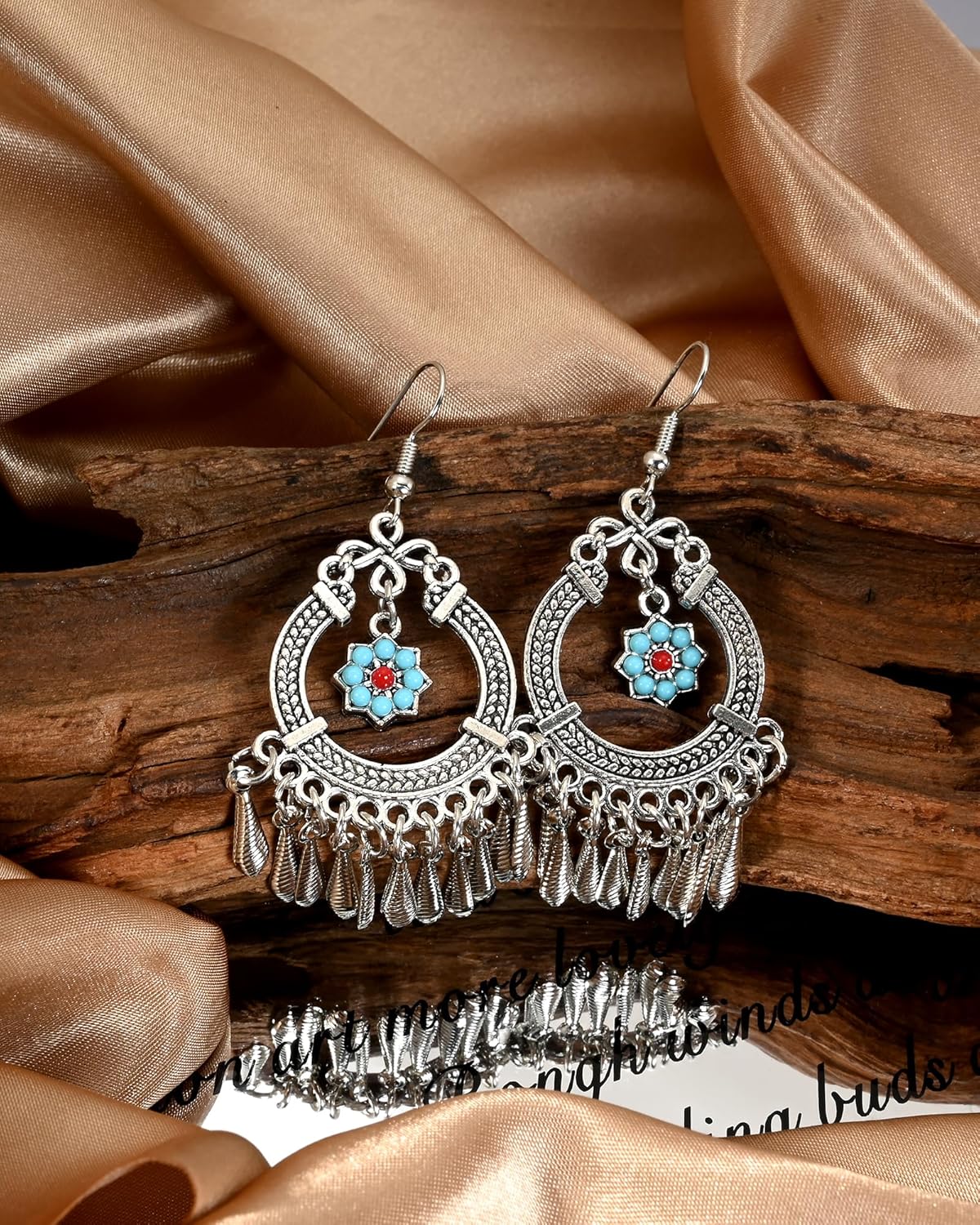 Boho Silver Turquoise Red and Blue Flower Shape Filigree Western Country Earrings Drop Dangle Vintage Stone Bohemian Statement Earrings for Women Cowgirl - Image 5