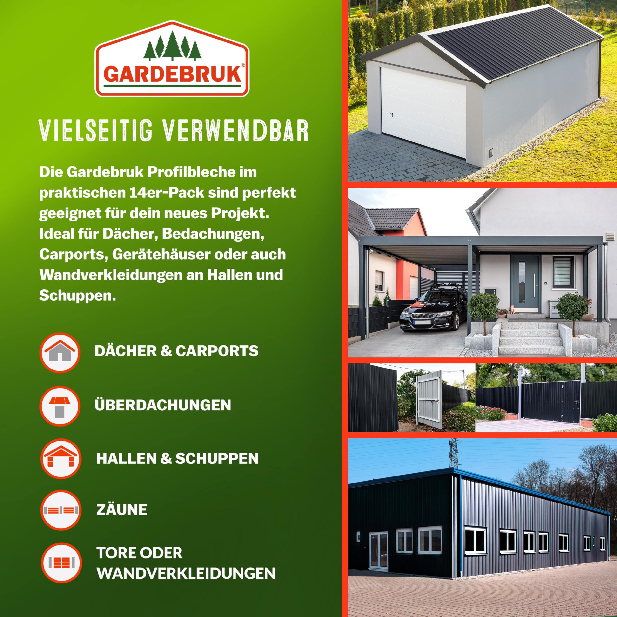 GARDEBRUK® 14x Trapezblech 110x46cm = 7m² Verzinkt Rostresistent Wetterfest Profilblech Dachblech Wellblech Dachplatten Gerätehaus Carport Anthrazit
