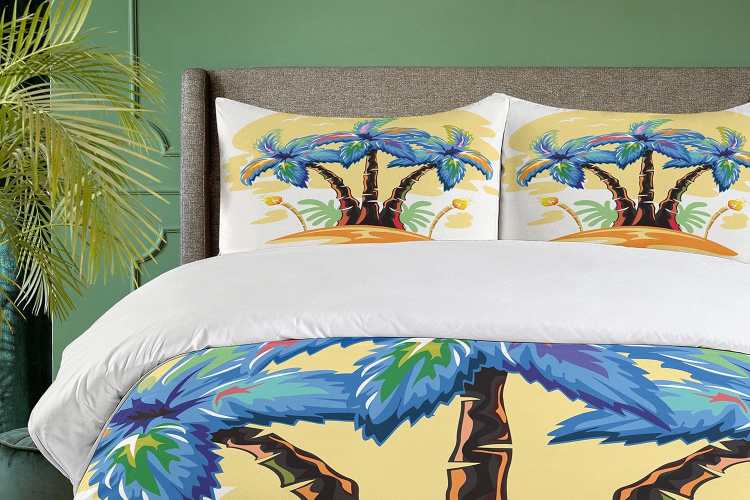Ambesonne Palm Tree Duvet Cover Set, Colorful Cartoon Tropical Island with Hawaiian Palm Trees Torch Seagulls Sunset, Decorative 3 Piece Bedding Set with 2 Pillow Shams, King Size, Blue Orange