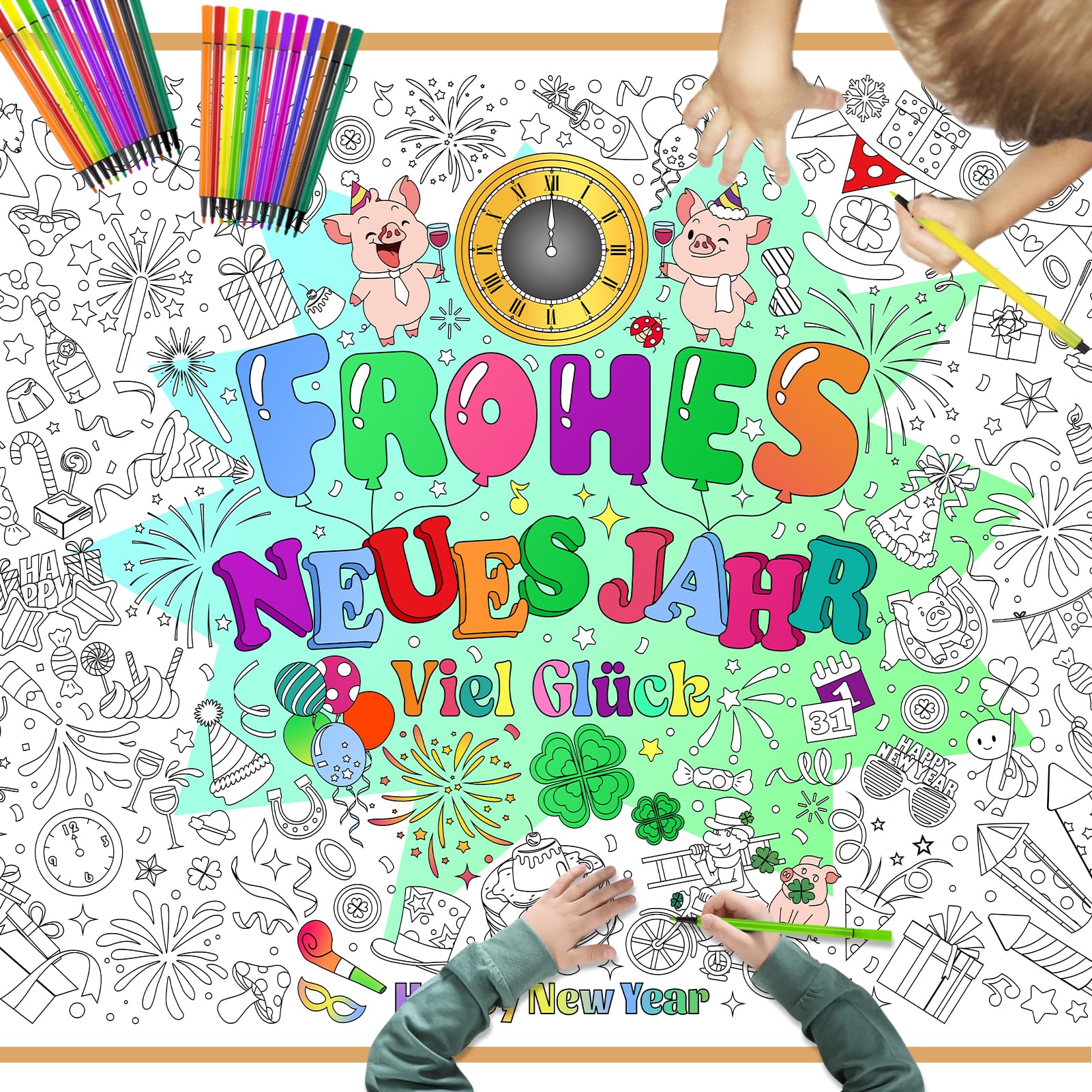 DPKOW Neujahrsglücksbringer Ausmalen Poster für Kinder mit Stiften, Papier Bemalbare Tischdecke Beschäftigung Kinder 2026 Glücksbringer Silvester Basteln Geschenk Glücksschwein Kleeblatt