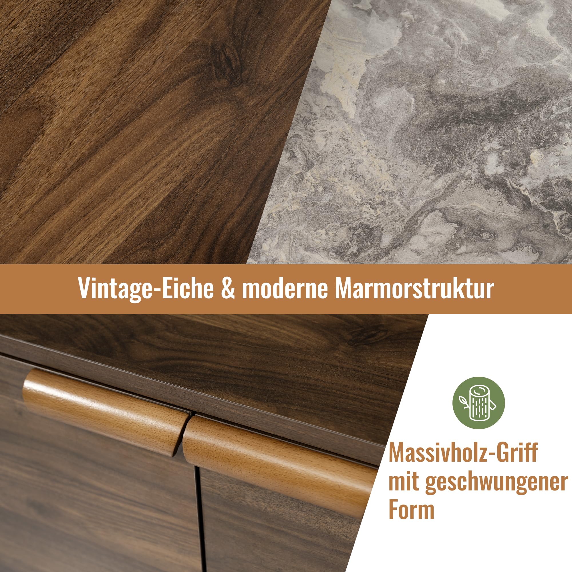 Wohnzimmer Kommode in Eiche Dekor mit Marmor-Optik Platte - Offene Ablage + 3 Schubladen & Doppeltürschrank (innen höhenverstellbar) - Massivholzbeine & kehrroboterfähig, H77/B120/T40 cm Möbel:
