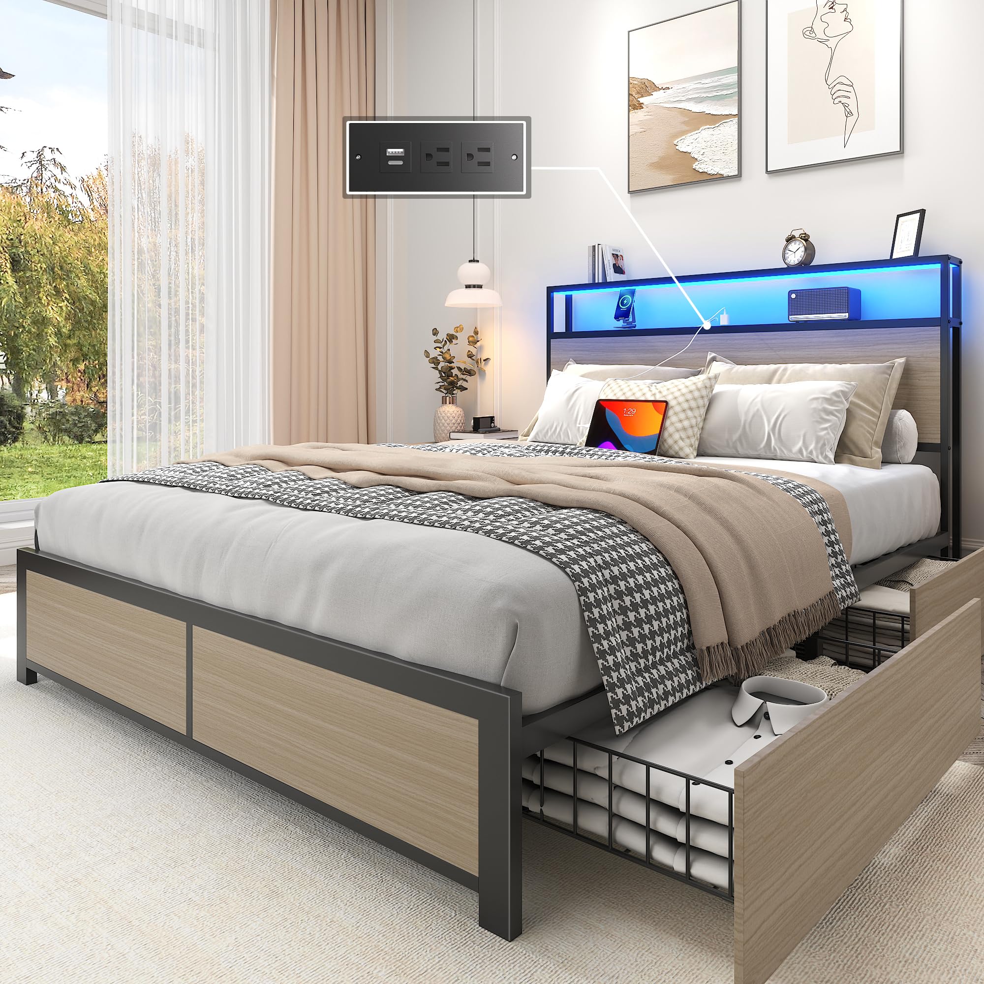 Lifezone Full Bed Frame with 2-Tier Storage Headboard, Metal Platform Bed Frame with 4 Storage Drawers, Built in Charging Station & LED, Noise-Free/Metal Support/No Box Spring Needed, Beige