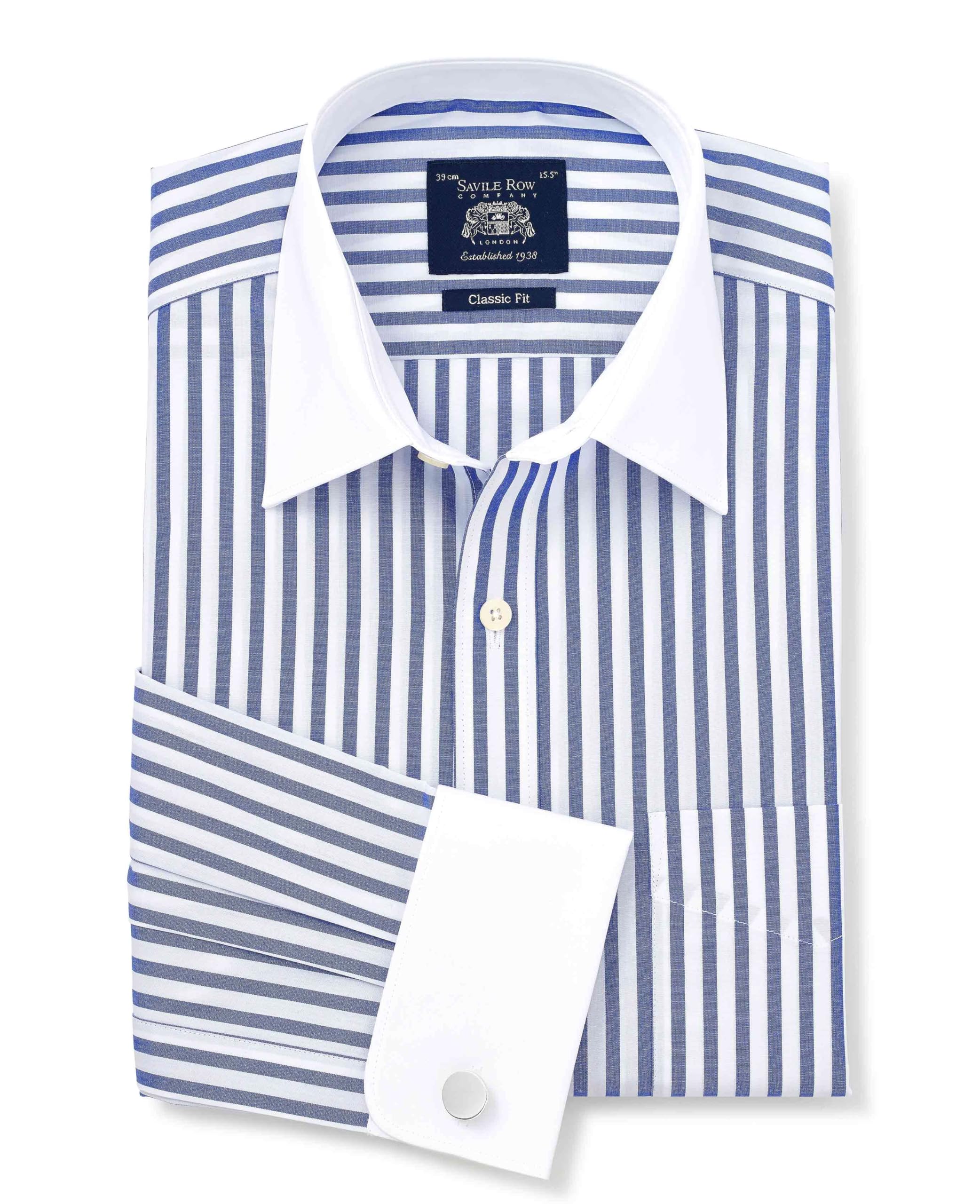 THE SAVILE ROW COMPANY LONDON Men's Classic Fit Cotton Poplin Double Cuff Winchester Formal Shirt - Blue White Stripe - 18" Collar