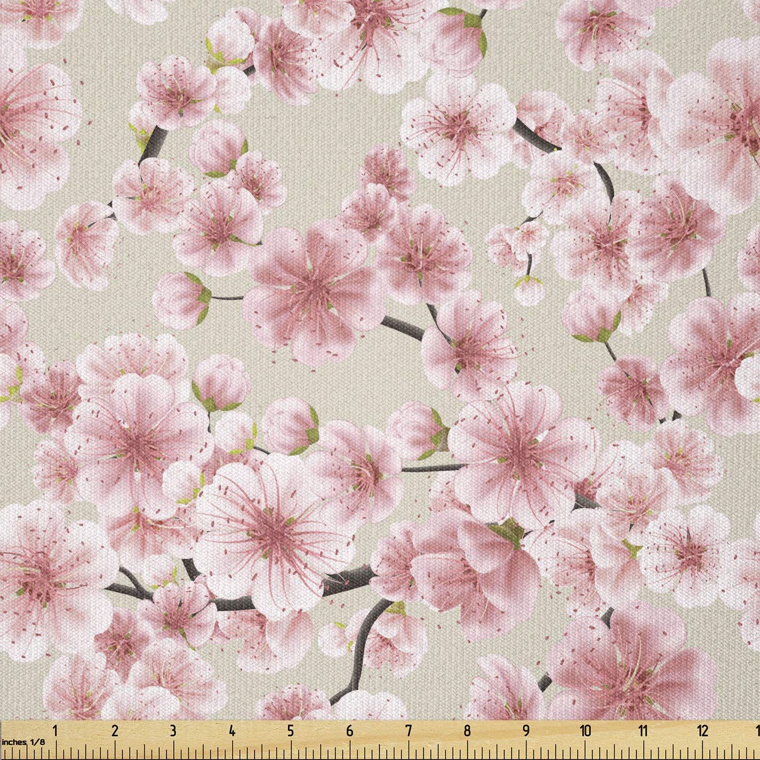 Ambesonne Cherry Blossom Fabric by The Yard, Random Arrangement of Pastel Colored Blooming Sakura Flower, Stretch Knit Fabric for Clothing Sewing and Arts Crafts, 5 Yards, Dried Rose and Eggshell