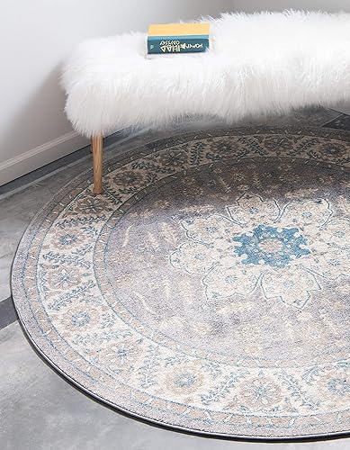Miniatura 2 de Unique Loom Salzburg Collection - Alfombra redonda de diseño tradicional clásico con borde de inspiración oriental, 8 pies, color grisbeige